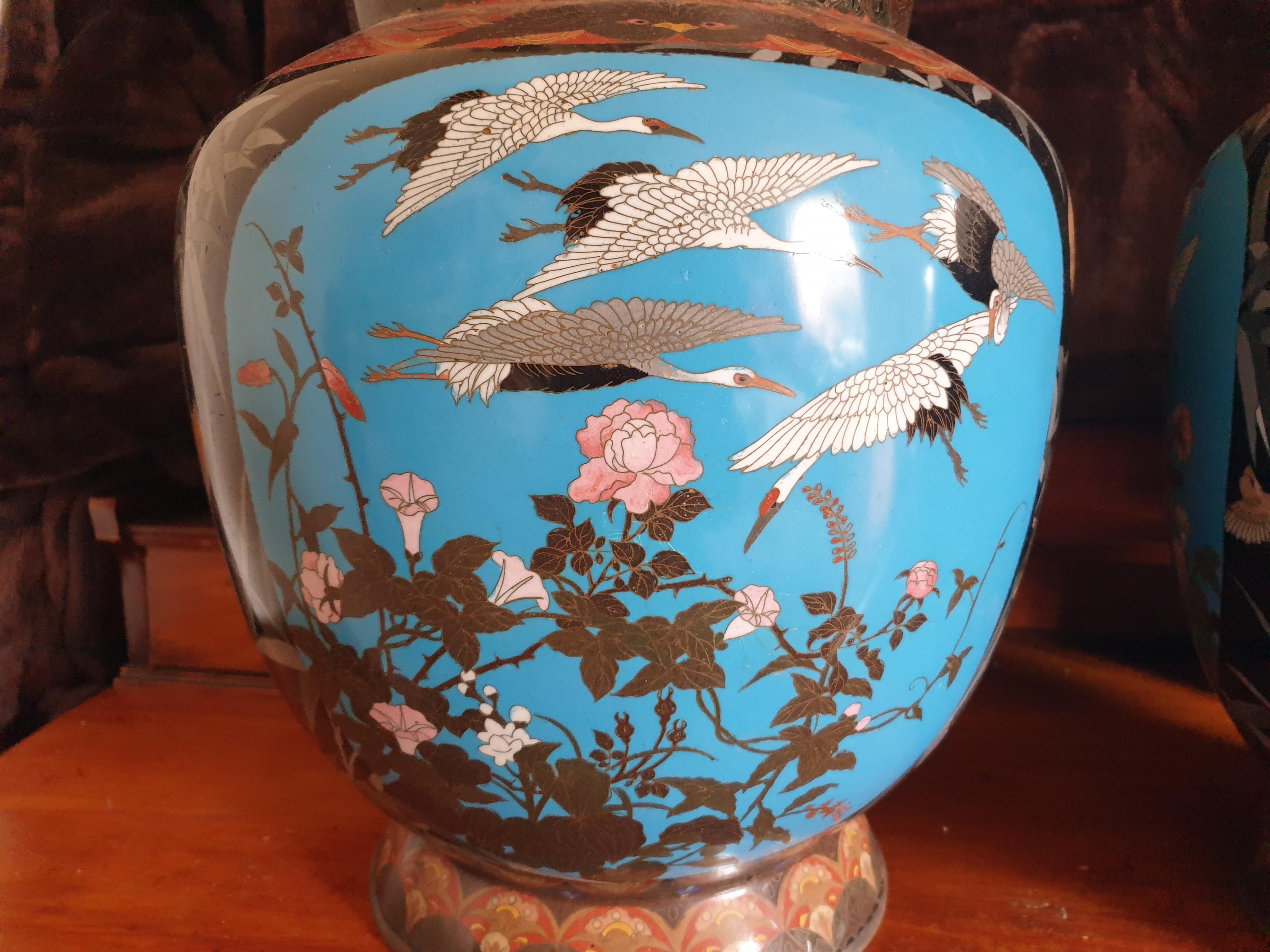 Hand-Painted Japanese Meji Period Cloisonné Crane & Bamboo Vases with Scenes of Nature For Sale