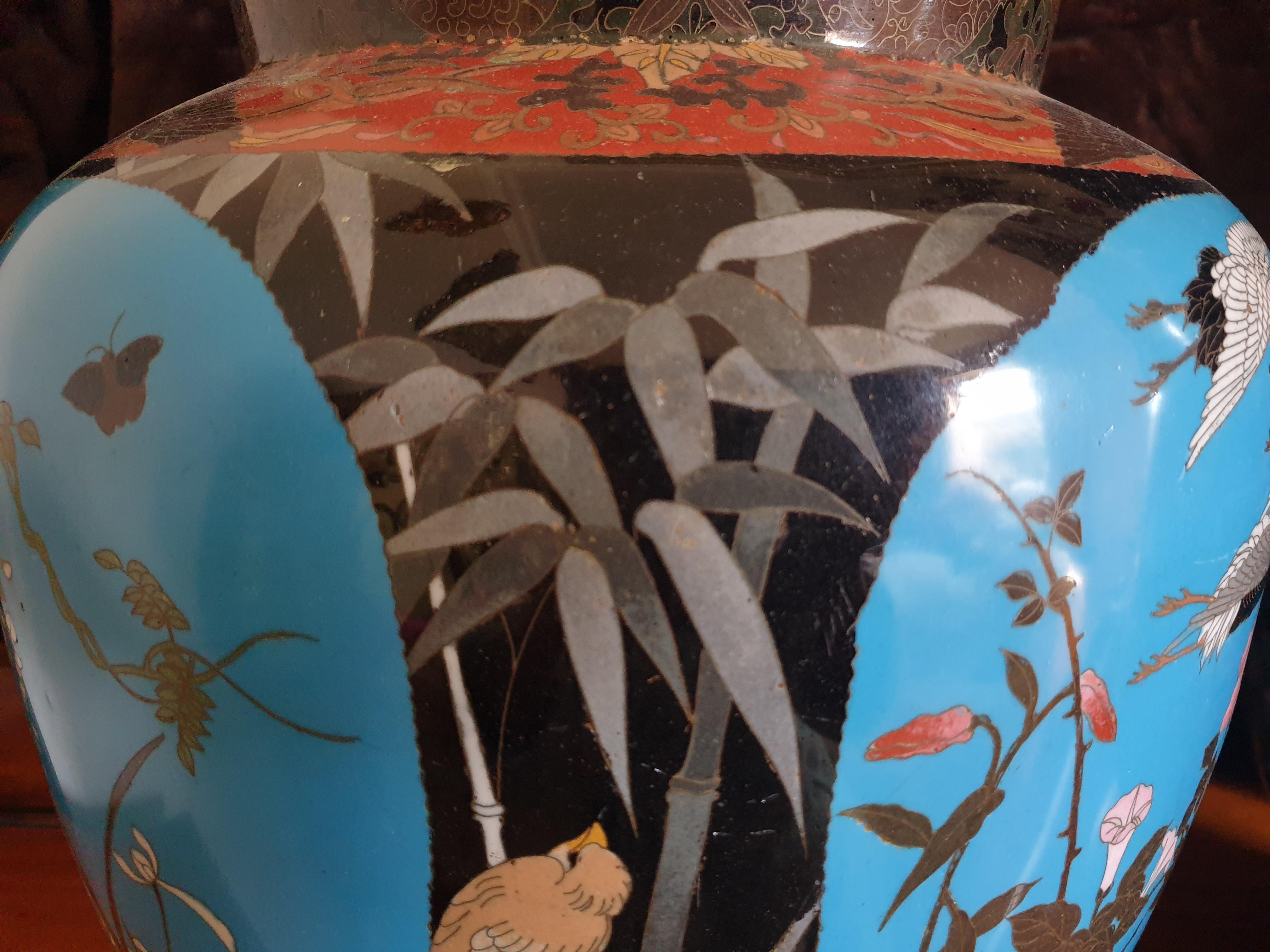 19th Century Japanese Meji Period Cloisonné Crane & Bamboo Vases with Scenes of Nature For Sale