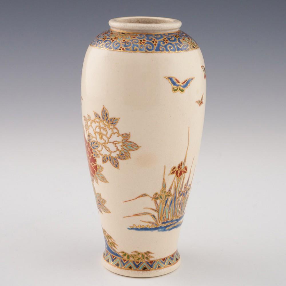 Heading : Japanese Meji period satsuma vase
Date : c1885
Origin : Japan - possibly Satsuma province although most likely decorated in Kobe or Yokohama.
Bowl Features : Imari palette with lflowers, reeds, and butterflies.
Marks : Japanese marks to