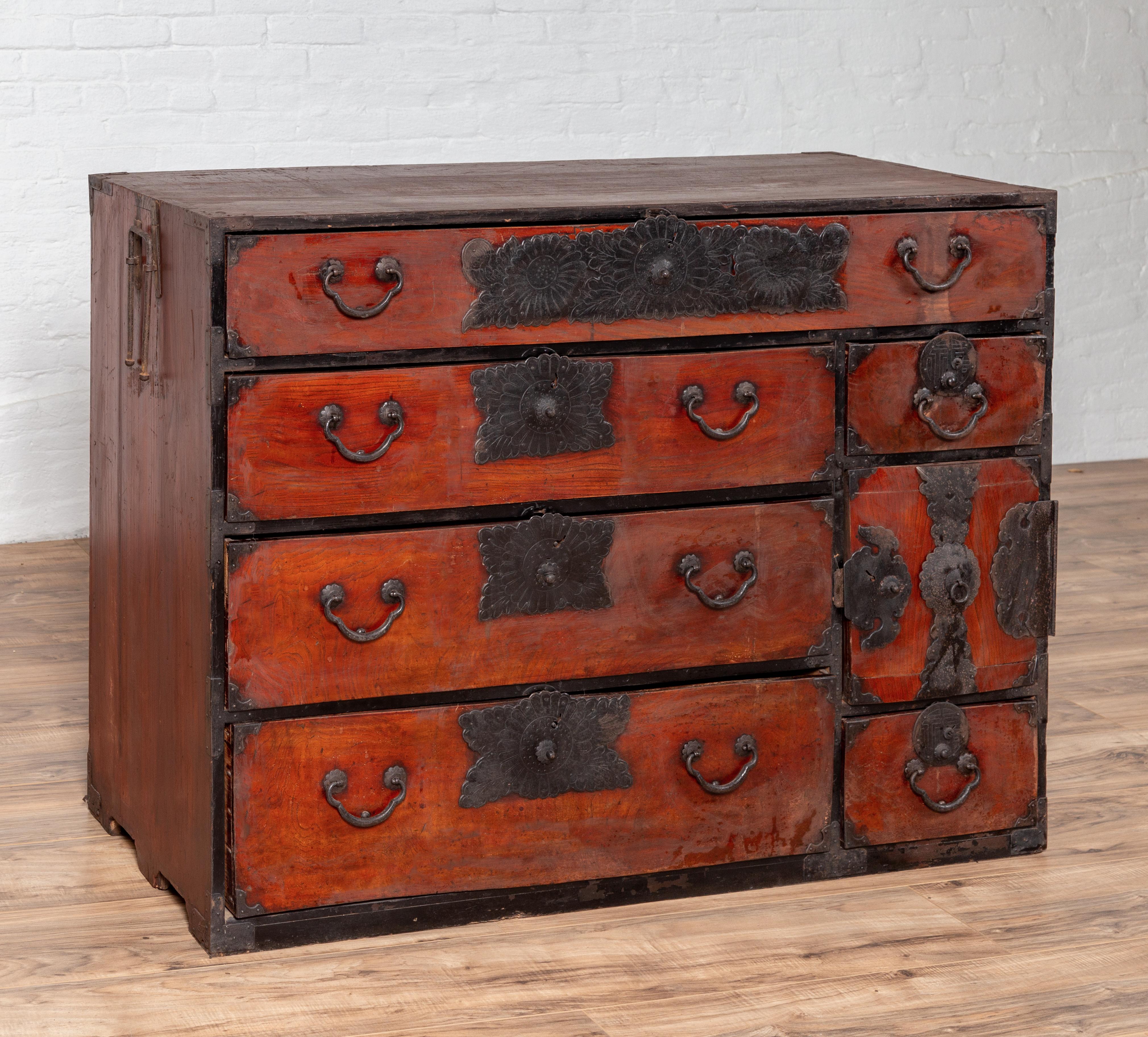 Lacquered Japanese Meiji Period Tansu Chest in the Sendai Dansu Style Made of Keyaki Wood For Sale