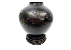 Traditional Japanese Metal Koi Vase on Wood Stand