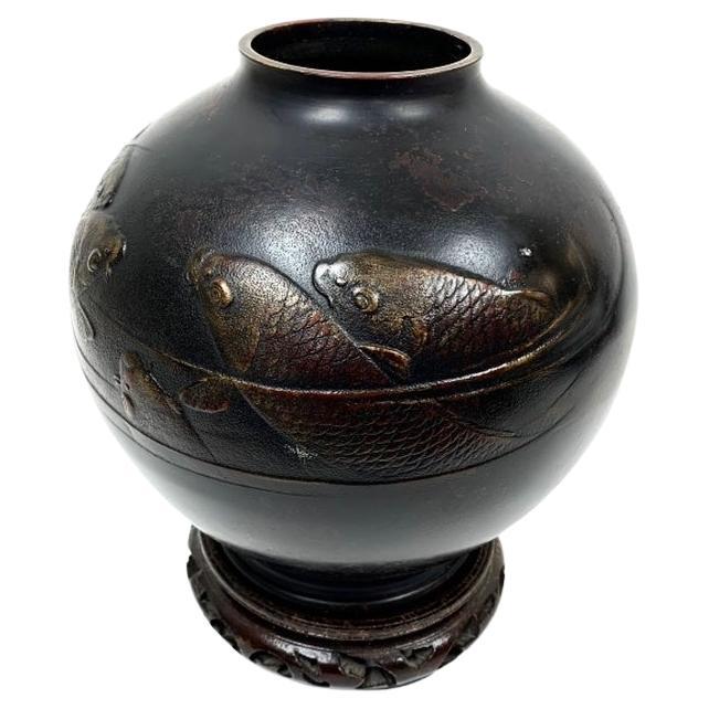 Japanese Metal Koi Vase In Bronze Finish