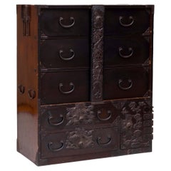 Japanese, Metal-Mounted, Stained Wood, Tansu with Center Lock