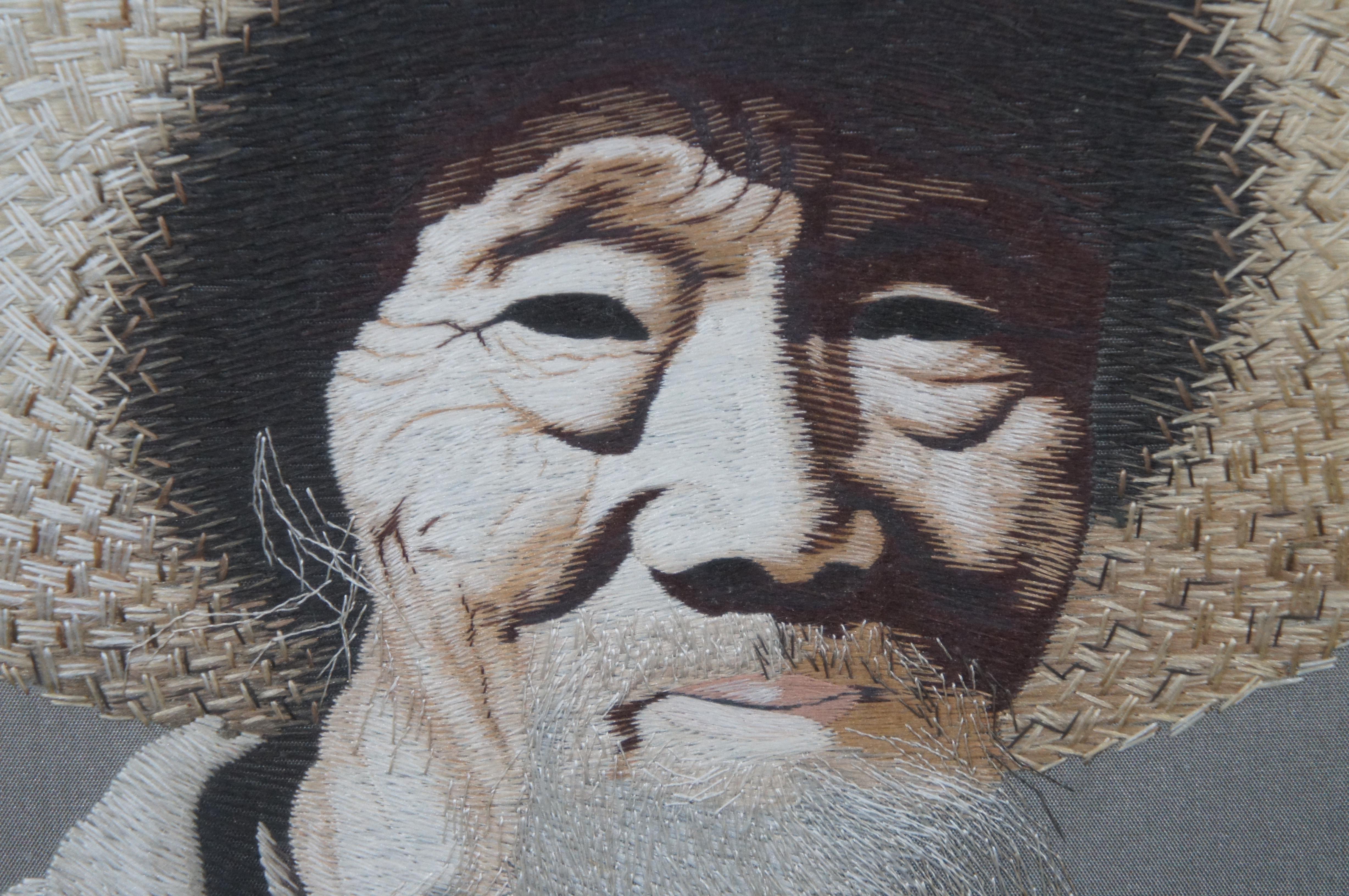 Japanese Midcentury Ebroidered Silk Old Wise Man Drinking Sake Portrait For Sale 3