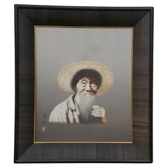 Retro Japanese Midcentury Ebroidered Silk Old Wise Man Drinking Sake Portrait