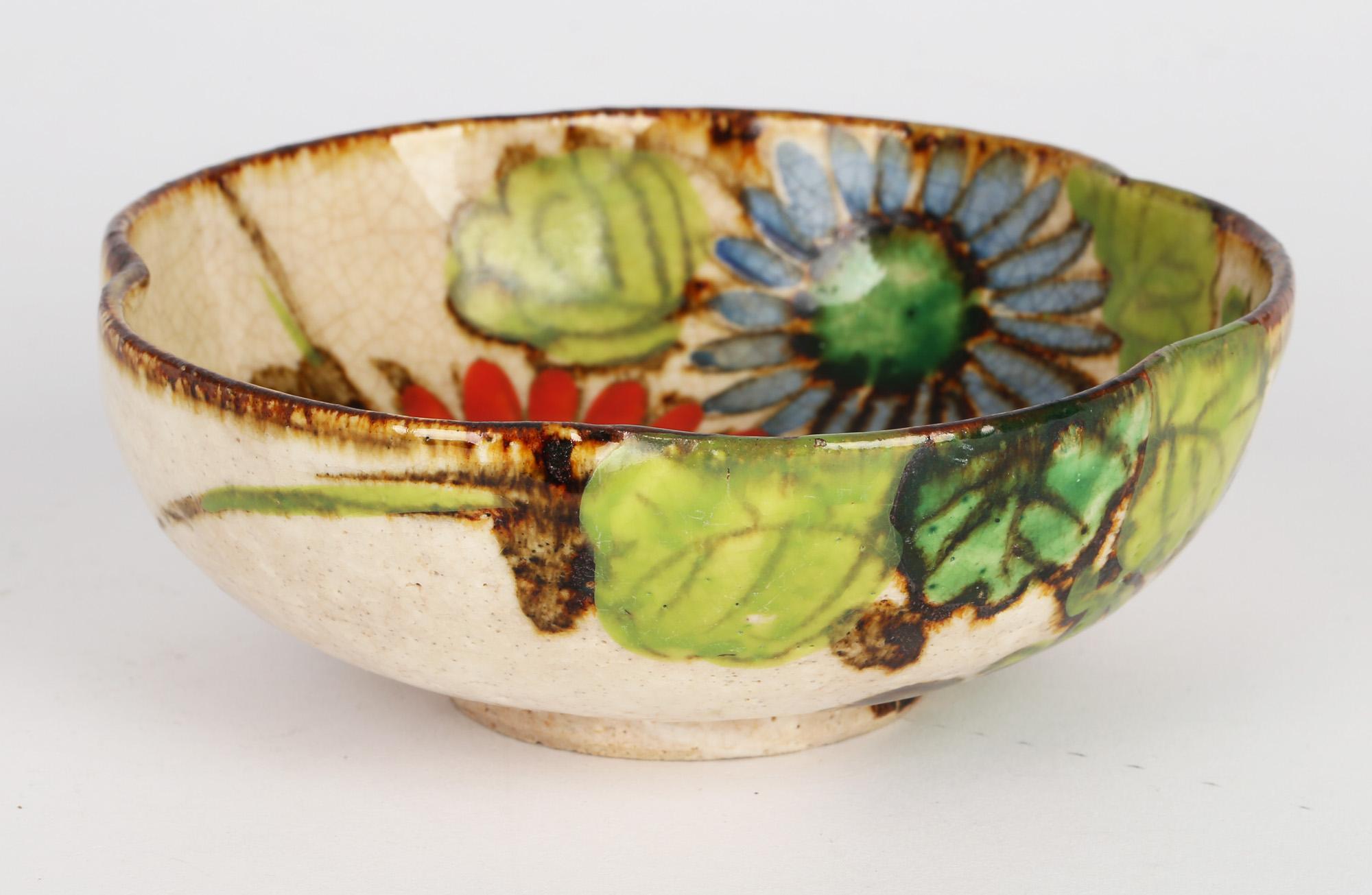 Mid-Century Modern Japanese Mid-Century Floral Painted Signed Studio Pottery Bowl