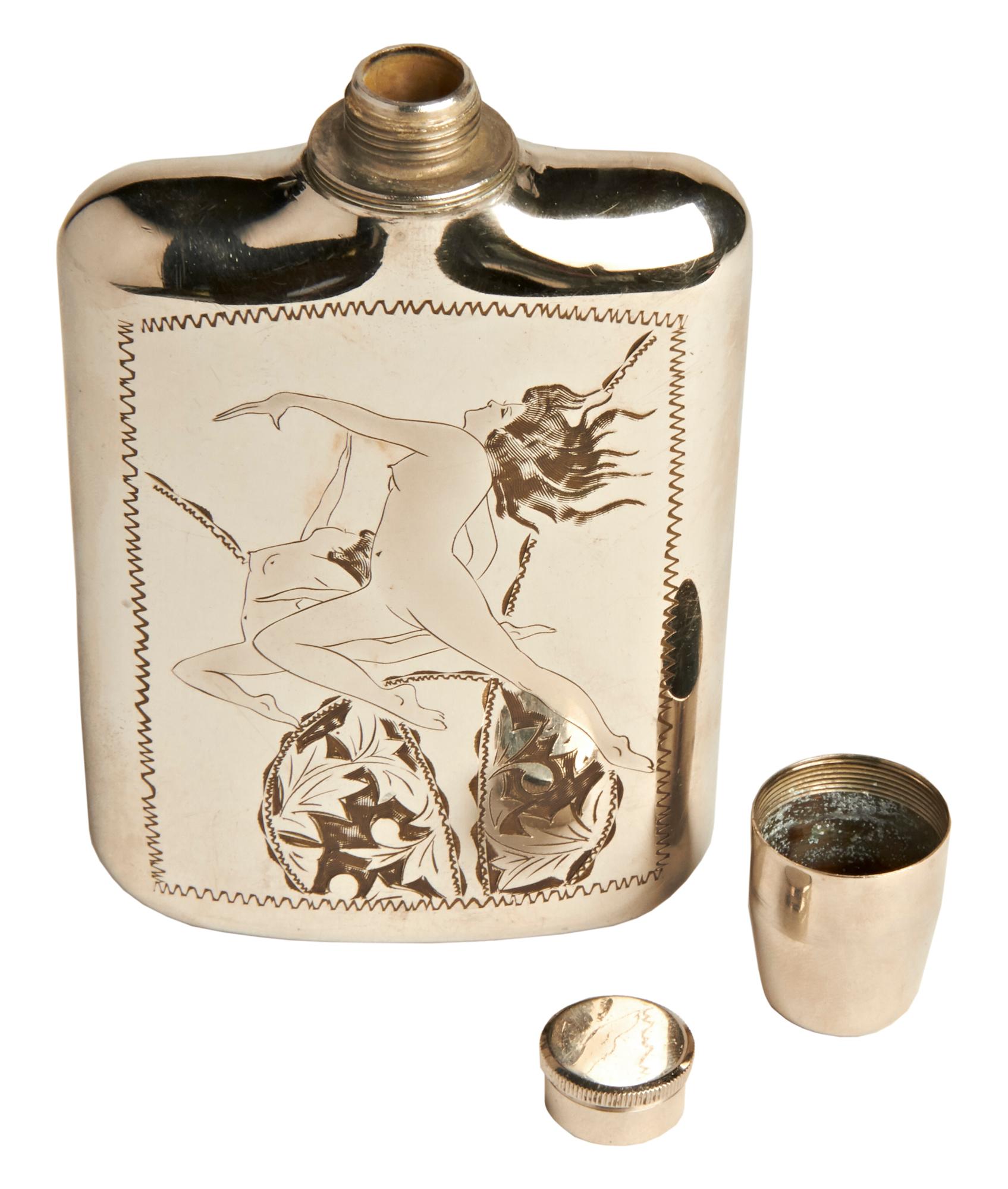 This rare Japanese midcentury chrome plated, hand engraved hip flask was manufactured by the Prince Manufacturing company during the Postwar American occupation of Japan. The pieces in the Prince range were each hand engraved with nude female