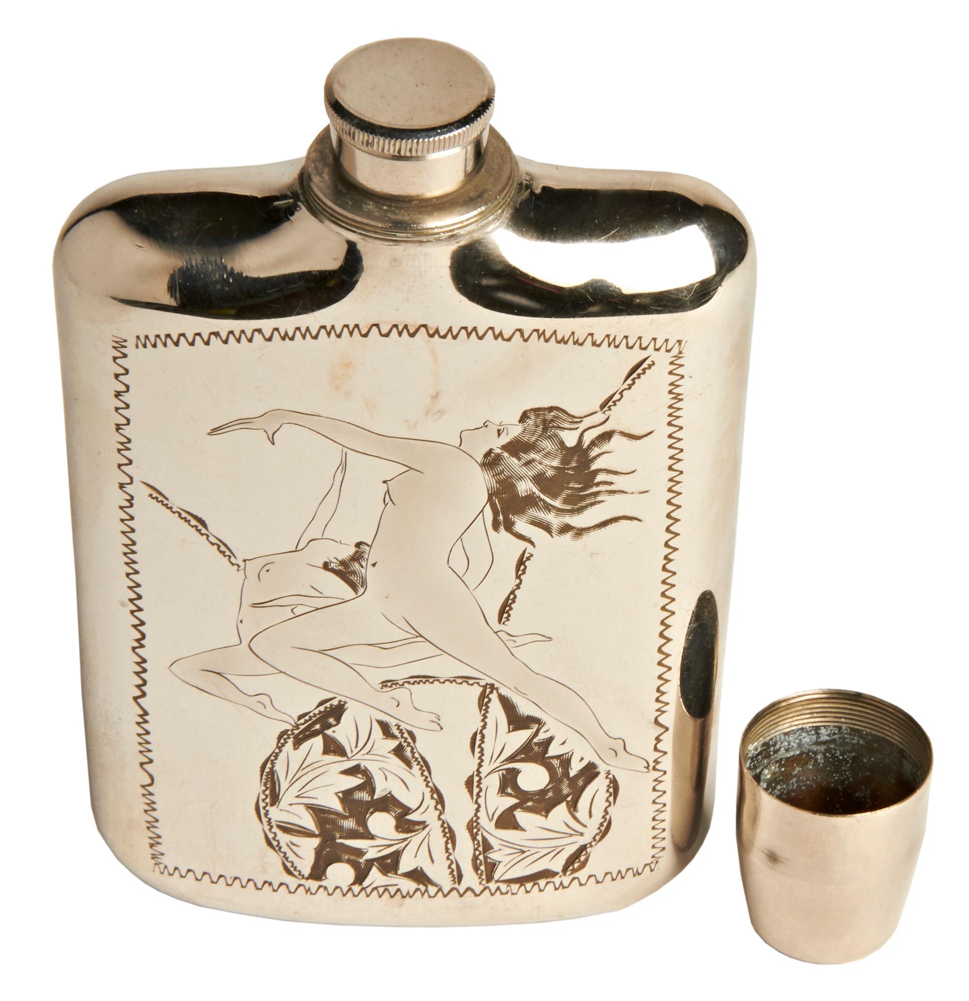 Mid-Century Modern Japanese Midcentury Hand Engraved Chrome Plated Flask with Drinking Cup CAP