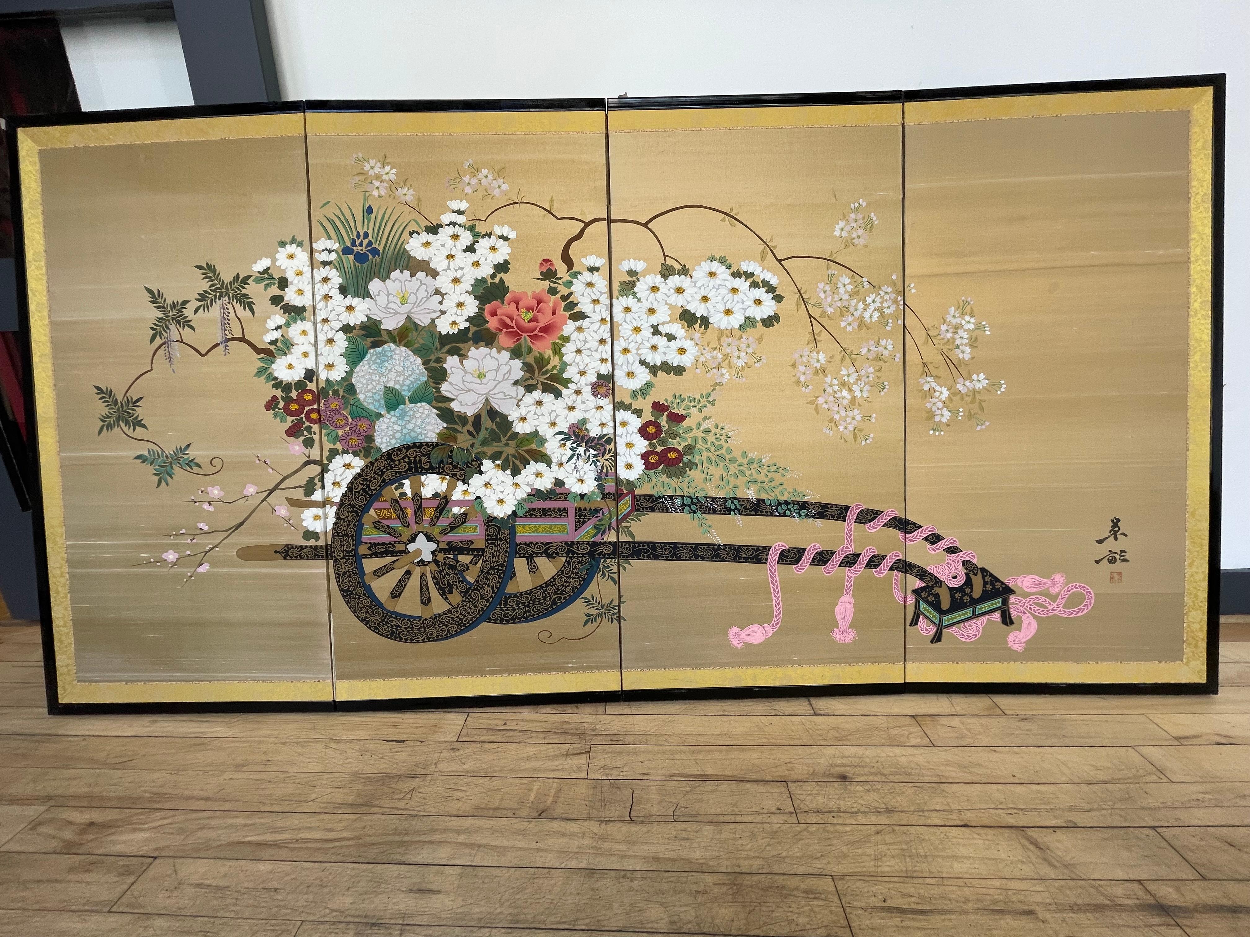 Japanese Mid-Century Modern 4-Panels Screen w/ Flower Cart, Ca. 1950         
                               
DIMENSIONS
Length: 71.5 inches
Height: 36.5 inches
