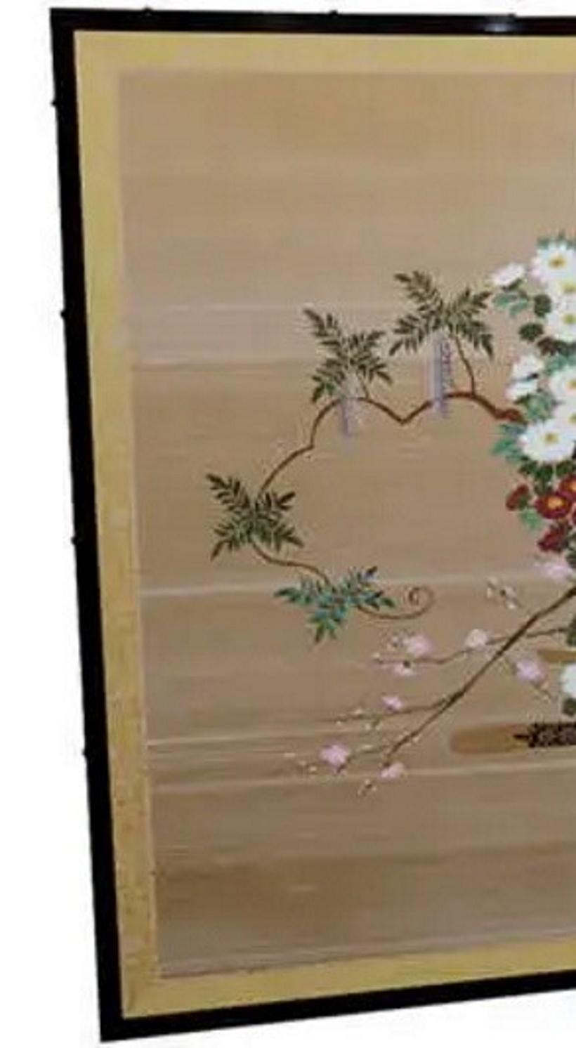 Japonisme Japanese Mid-Century Modern 4-Panels Screen w/ Flower Cart, Ca. 1950 For Sale