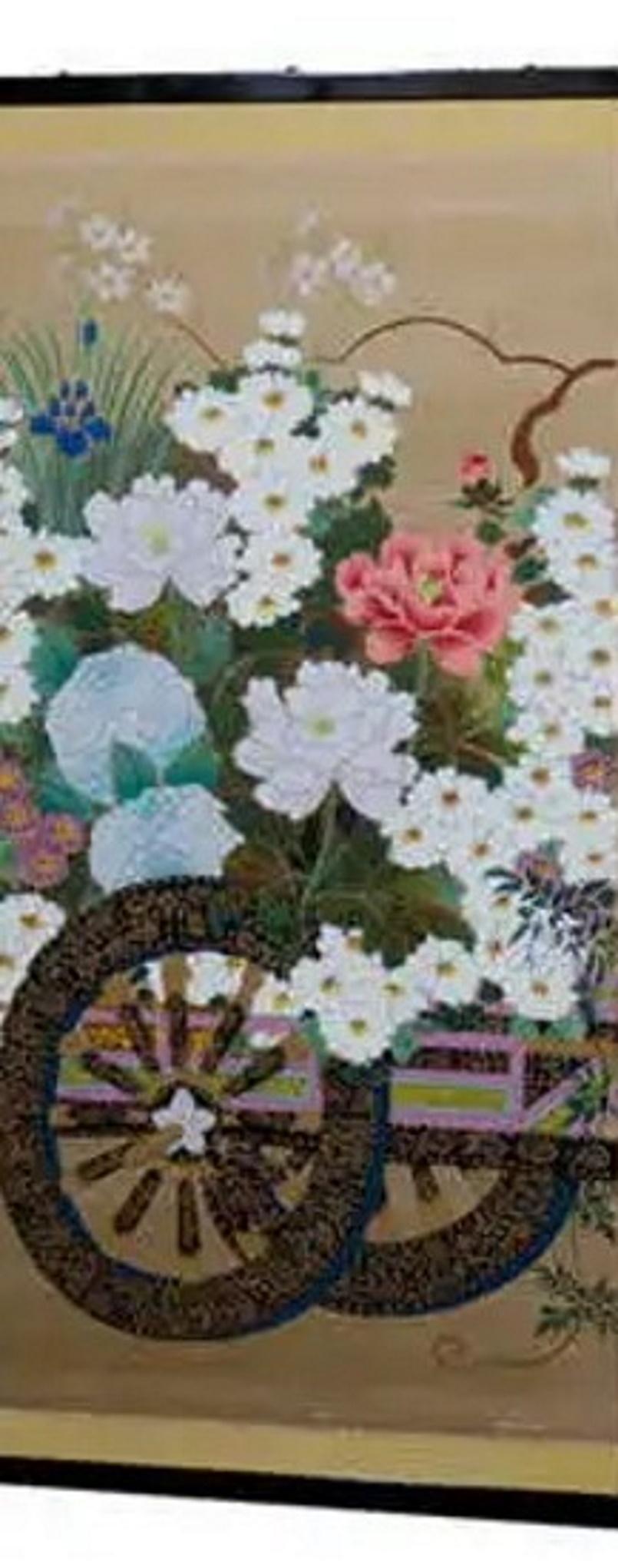 Japanese Mid-Century Modern 4-Panels Screen w/ Flower Cart, Ca. 1950 In Good Condition For Sale In New York, NY