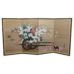 Japanese Mid-Century Modern 4-Panels Screen w/ Flower Cart, Ca. 1950