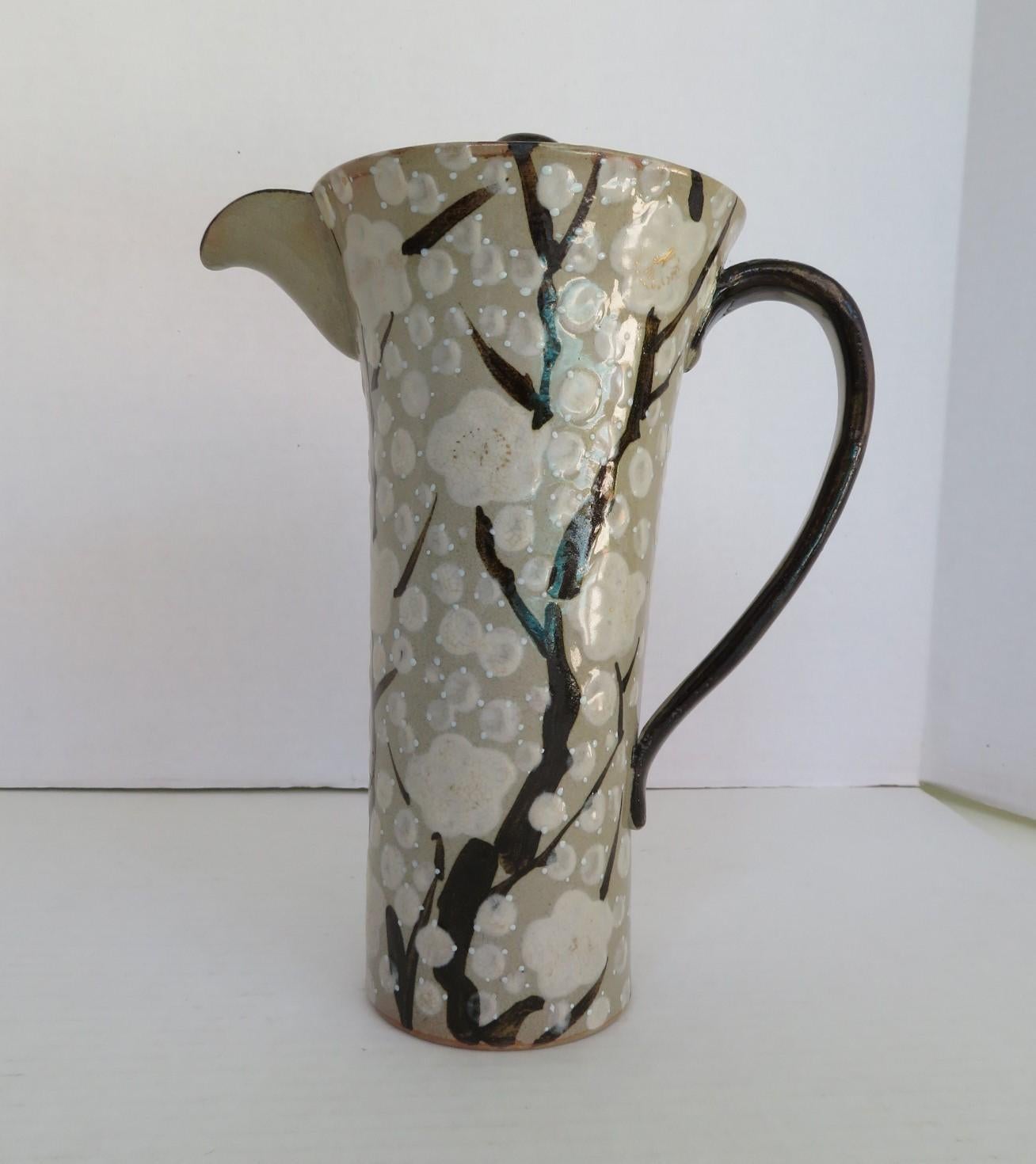 Japanese Mid-Century Modern Ceramic Pitcher Cherry Blossoms Decoration, 1960s In Good Condition In Miami, FL