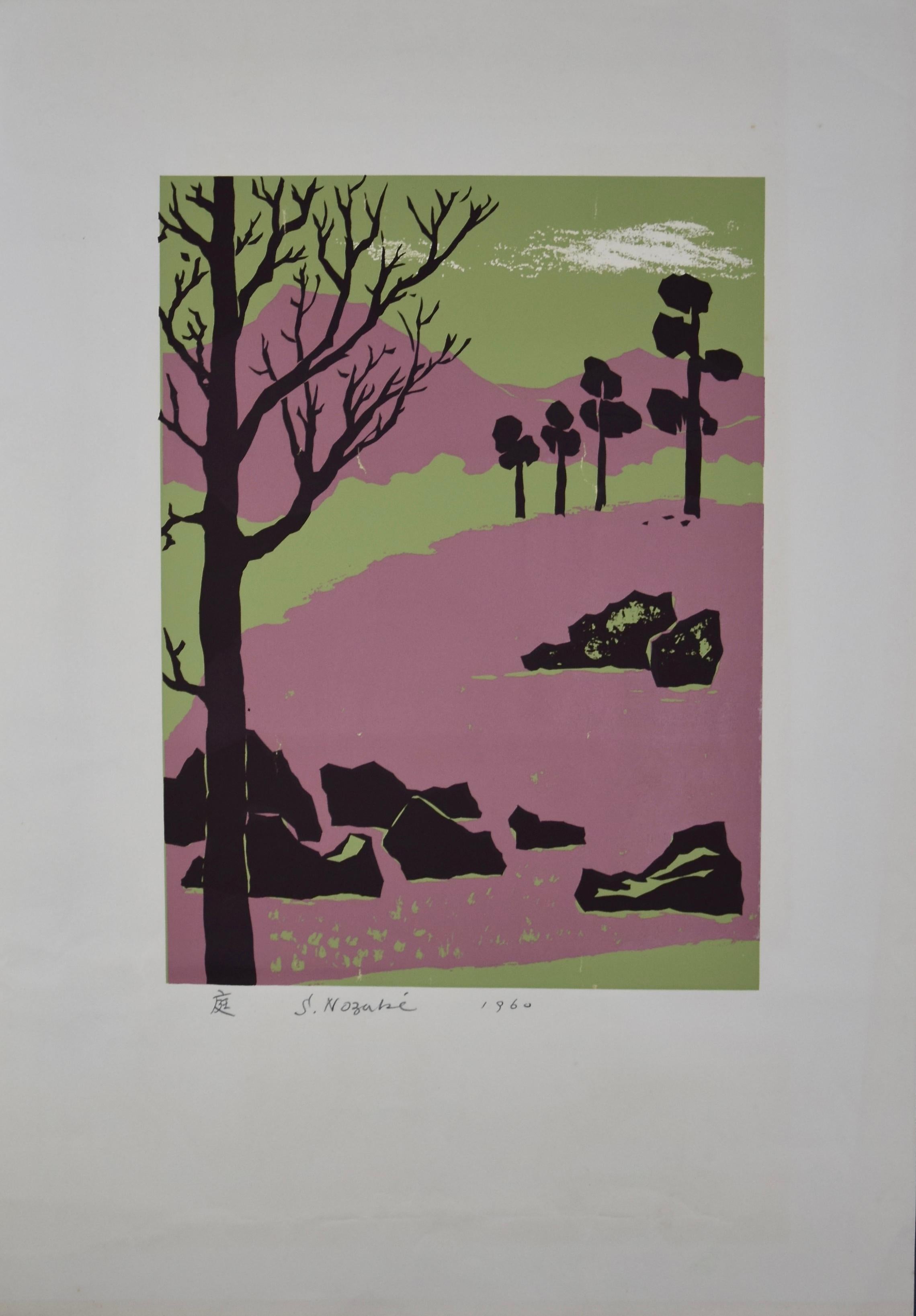 Mid-20th Century Japanese Mid-Century Modern Woodblock Print by S. Nozaki For Sale