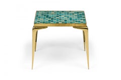 Japanese Mid-Century Murano Glass Blue Tile Top Brass End / Side Table