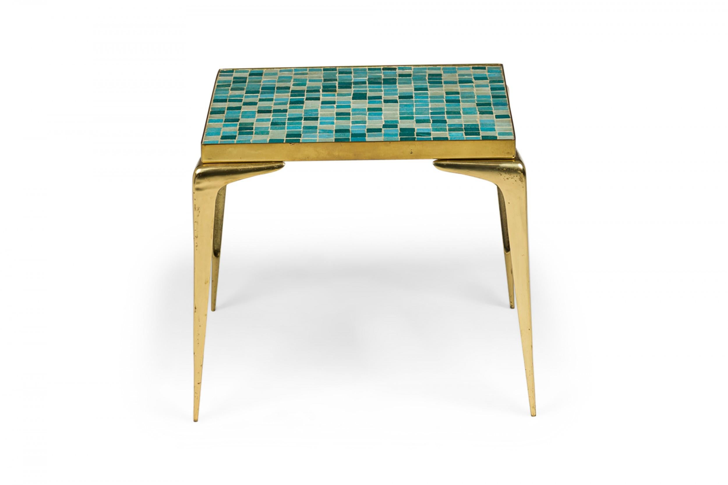Mid-Century Modern Japanese Mid-Century Murano Glass Blue Tile Top Brass End / Side Table For Sale
