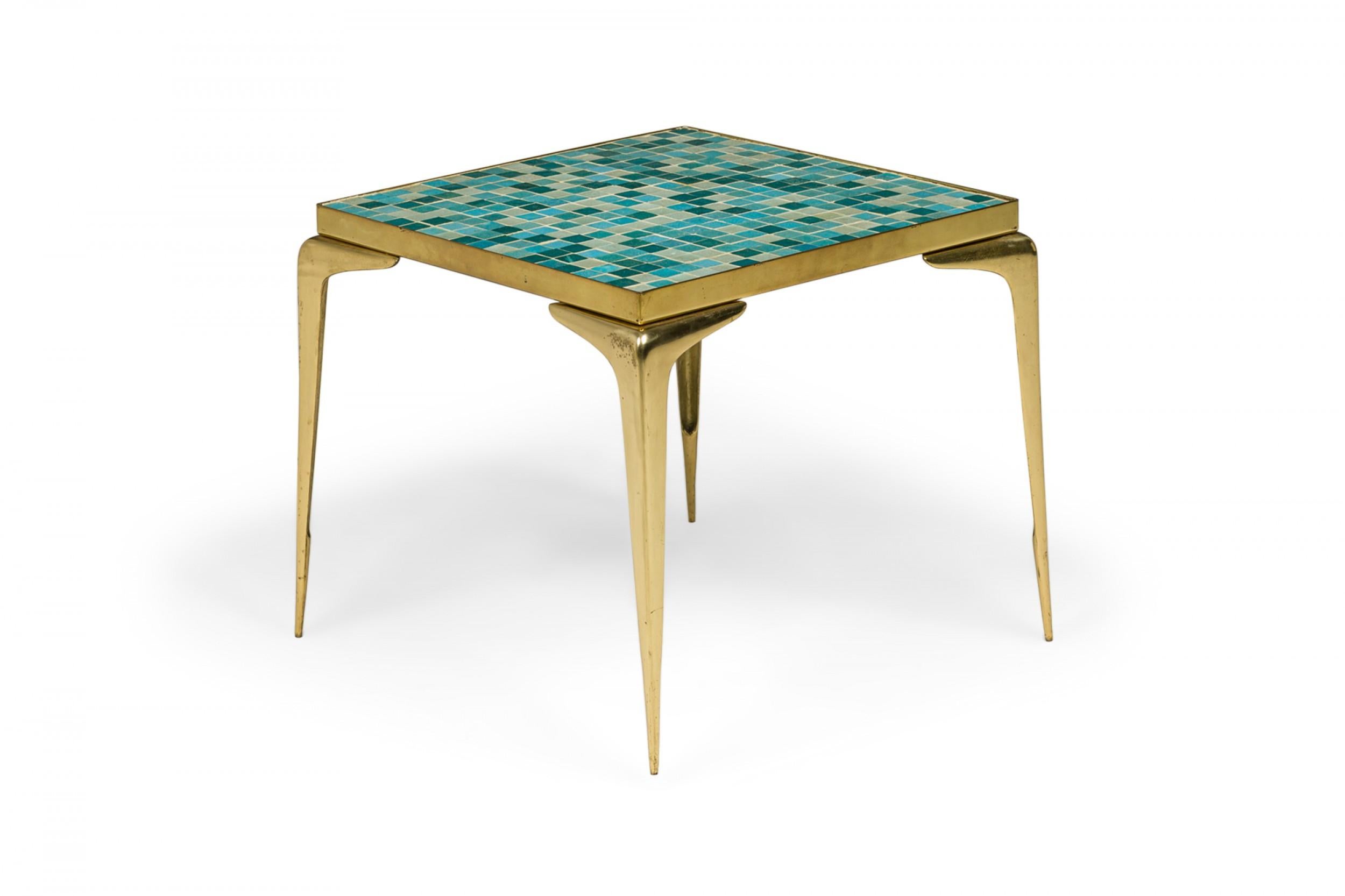 Japanese Mid-Century Murano Glass Blue Tile Top Brass End / Side Table In Good Condition For Sale In New York, NY