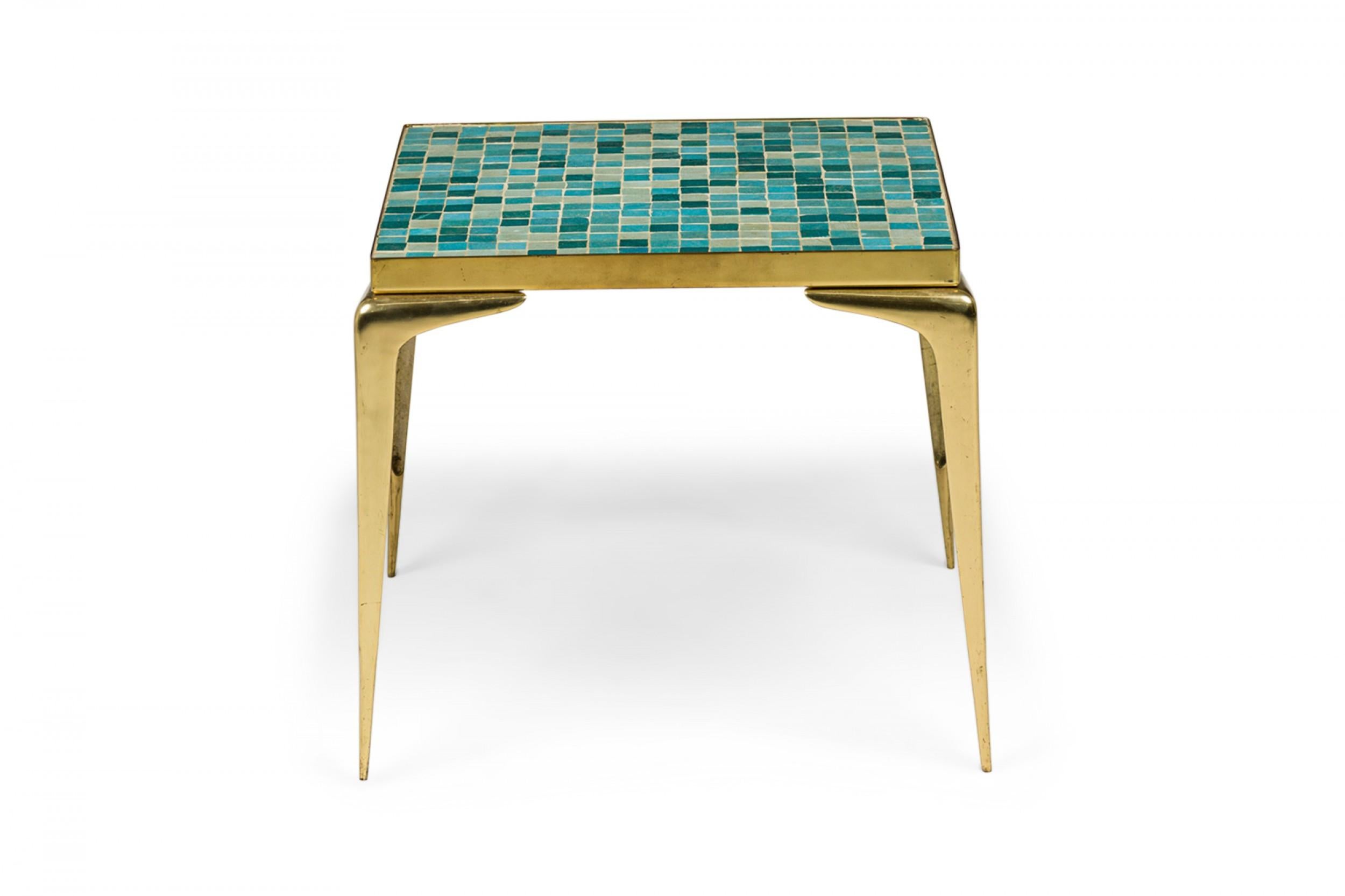 20th Century Japanese Mid-Century Murano Glass Blue Tile Top Brass End / Side Table For Sale