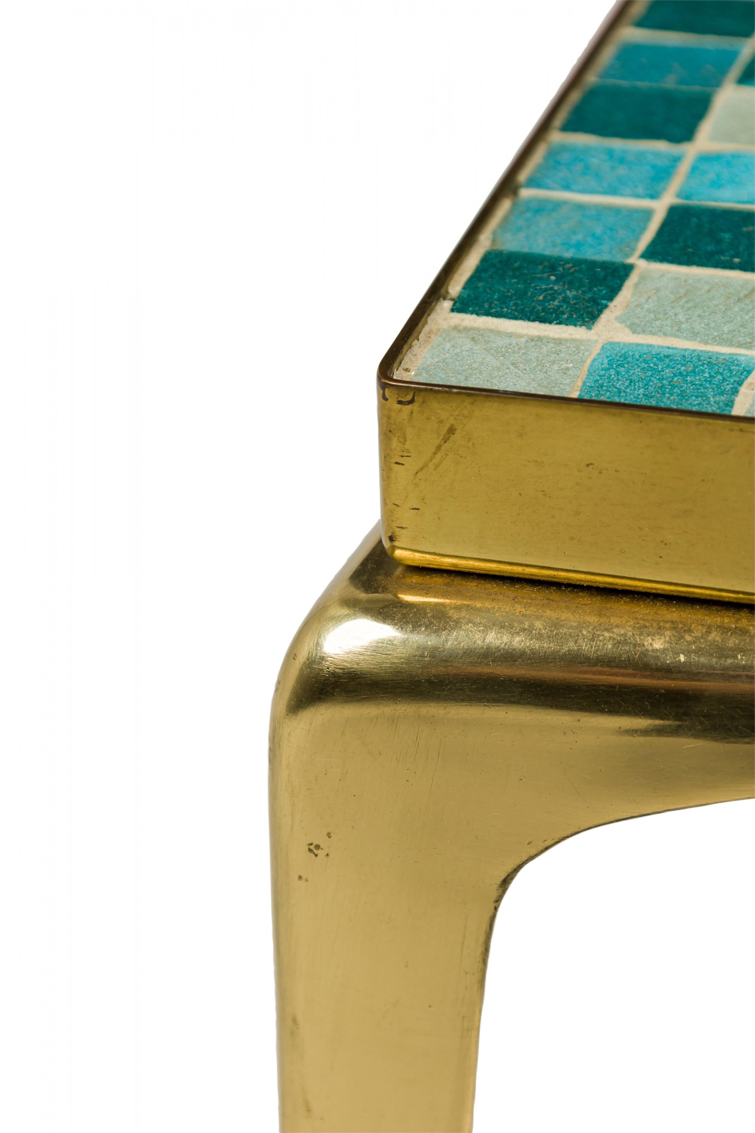 Japanese Mid-Century Murano Glass Blue Tile Top Brass End / Side Table For Sale 2