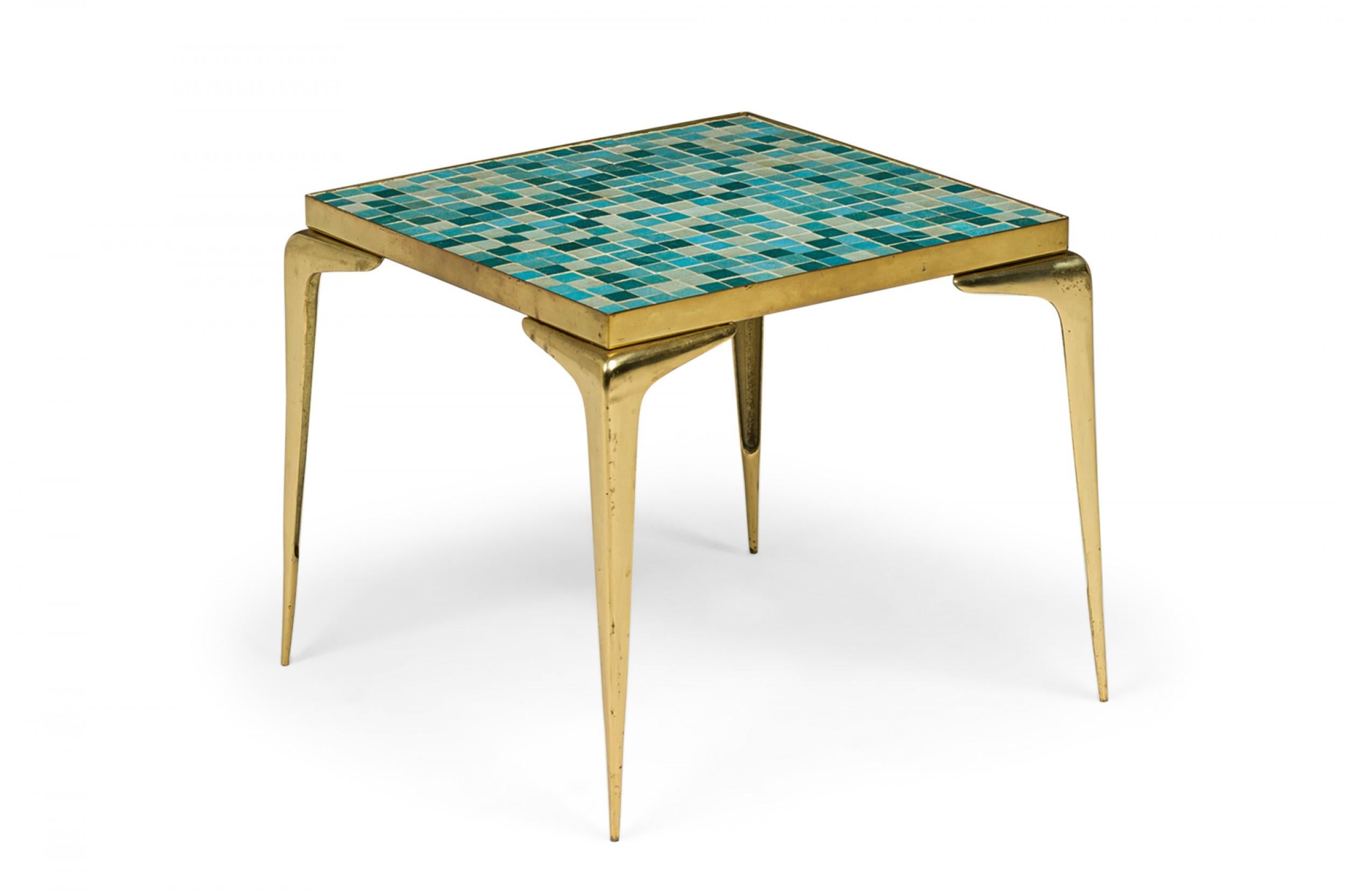 Japanese Mid-Century Murano Glass Blue Tile Top Brass End / Side Table For Sale