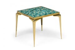 Japanese Mid-Century Murano Glass Blue Tile Top Brass End / Side Table
