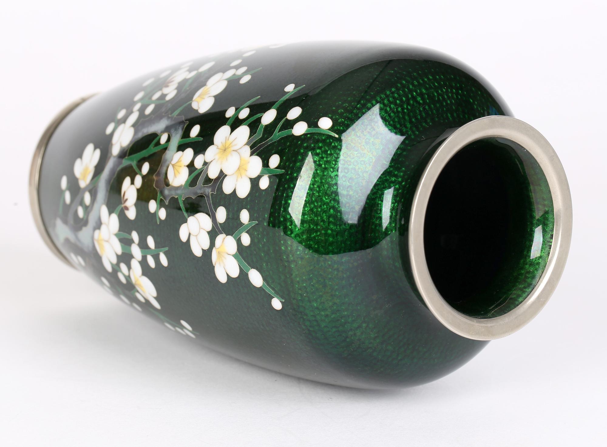 Japanese Mid-Century Silver Cloisonne Flowering Hawthorn Vase 4
