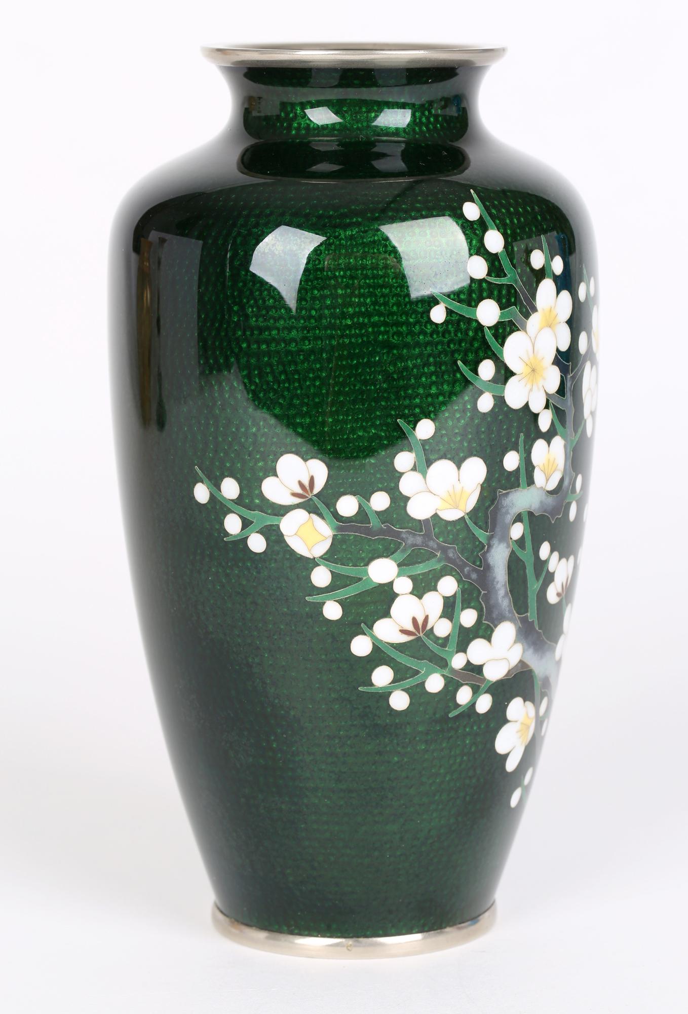Japanese Mid-Century Silver Cloisonne Flowering Hawthorn Vase 7
