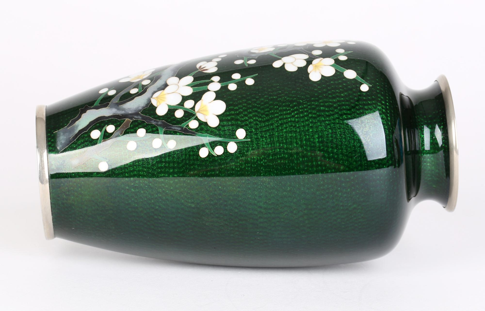 Japanese Mid-Century Silver Cloisonne Flowering Hawthorn Vase 8