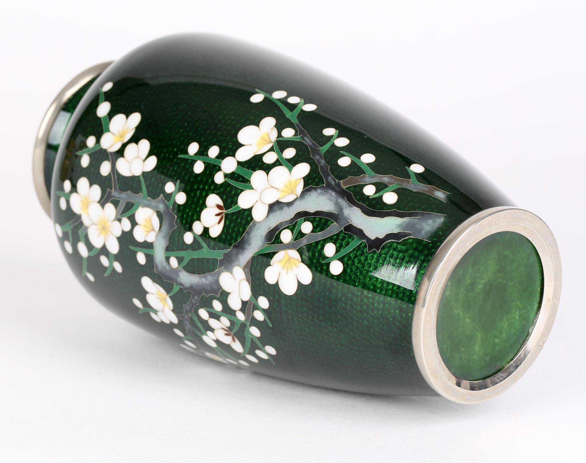 Japanese Mid-Century Silver Cloisonne Flowering Hawthorn Vase 9