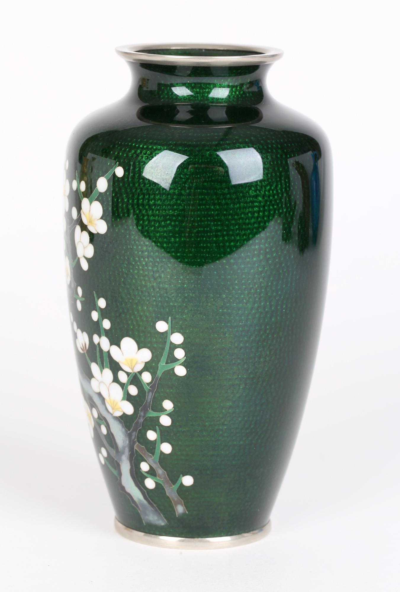 Japanese Mid-Century Silver Cloisonne Flowering Hawthorn Vase 10