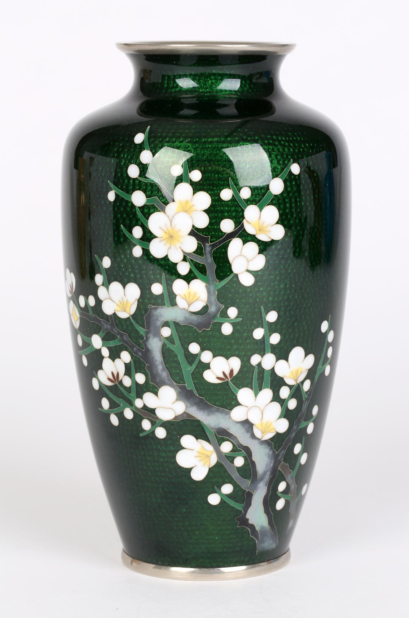 Japanese Mid-Century Silver Cloisonne Flowering Hawthorn Vase In Good Condition In Bishop's Stortford, Hertfordshire