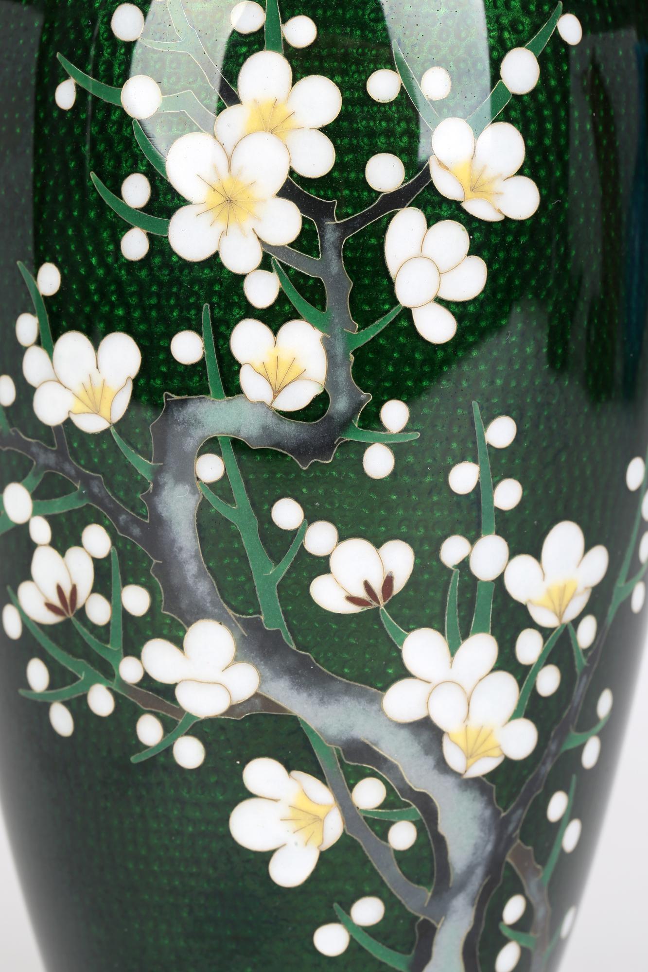 Mid-20th Century Japanese Mid-Century Silver Cloisonne Flowering Hawthorn Vase