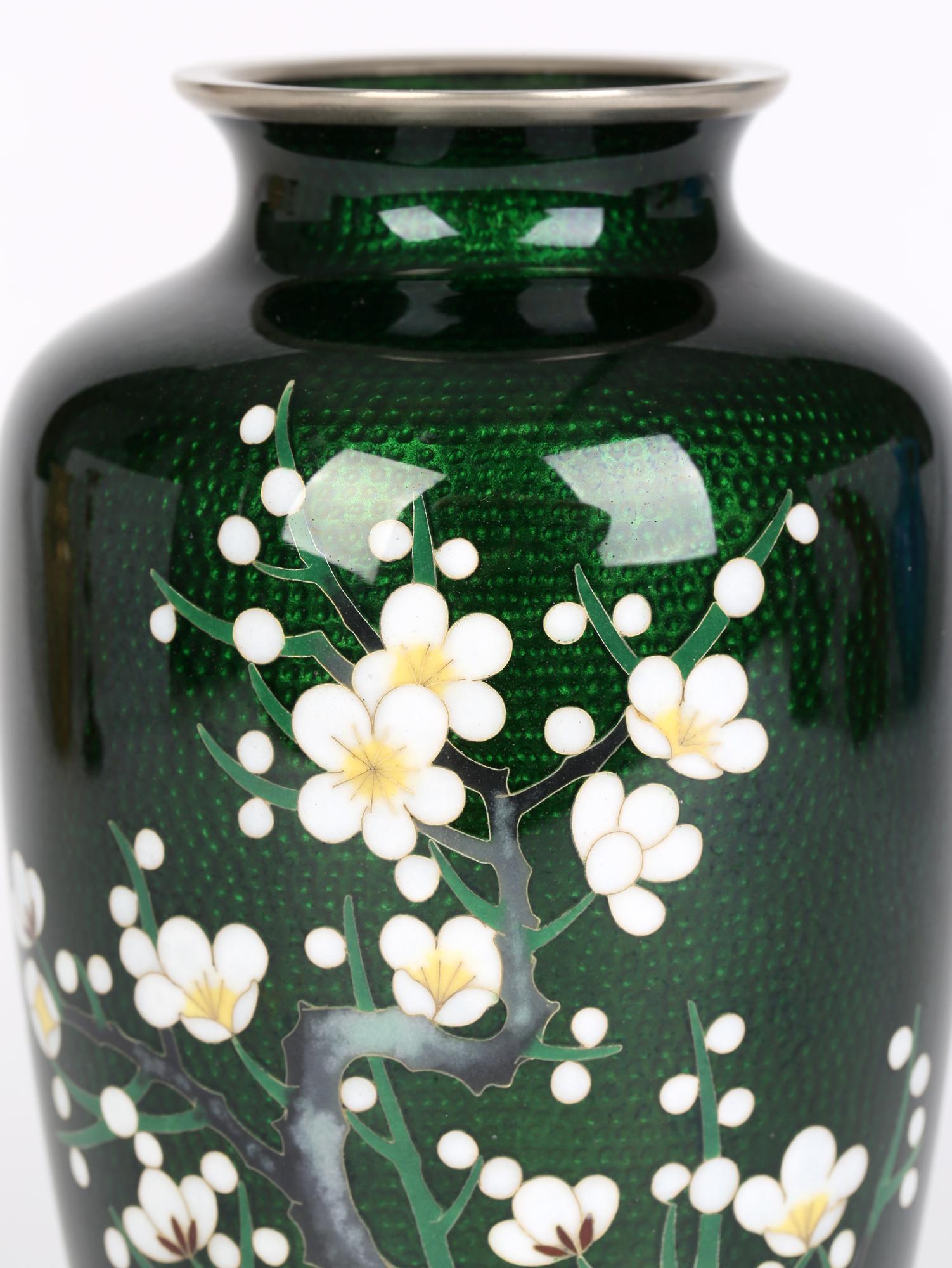 Japanese Mid-Century Silver Cloisonne Flowering Hawthorn Vase 1