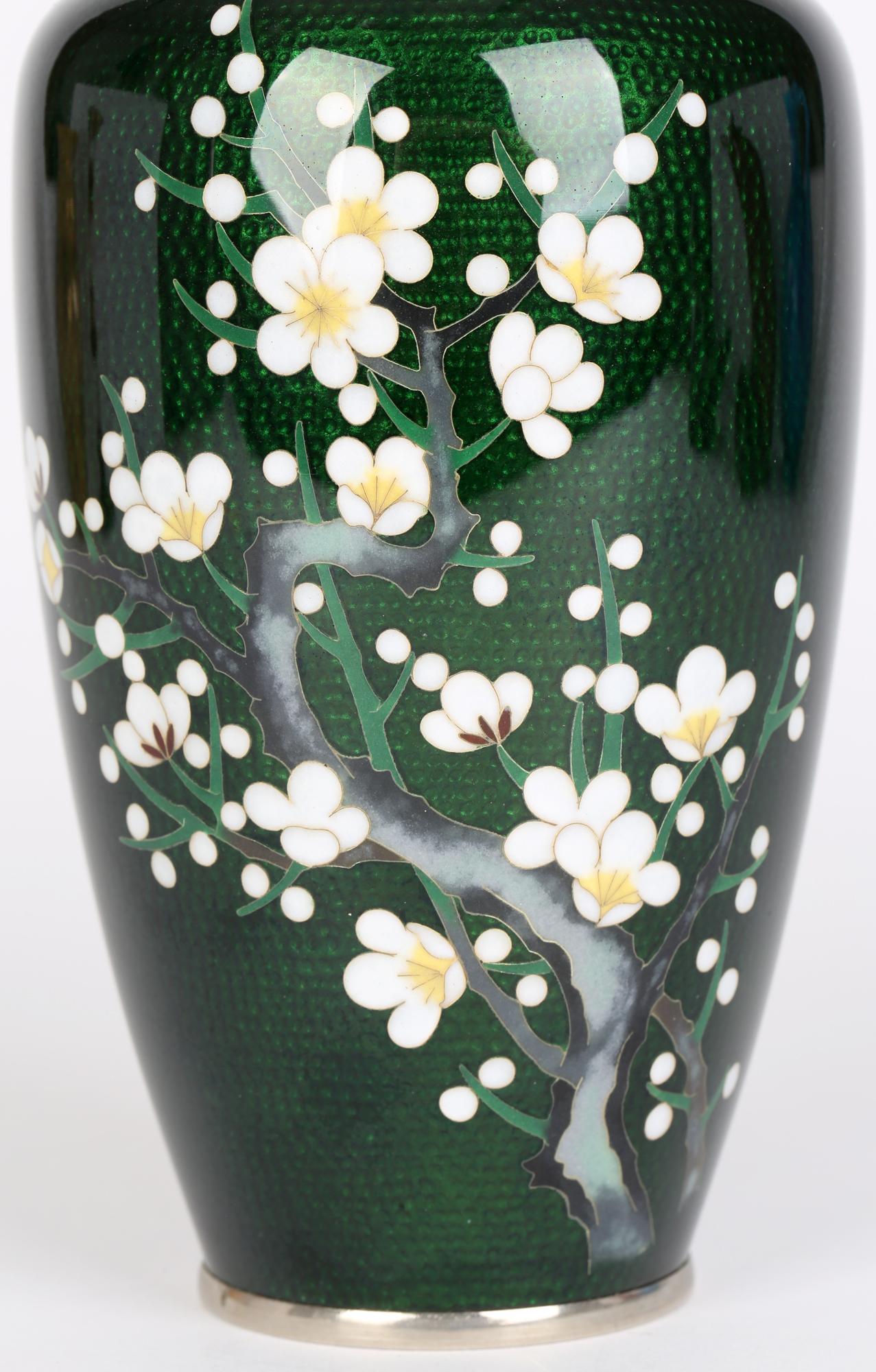 Japanese Mid-Century Silver Cloisonne Flowering Hawthorn Vase 2