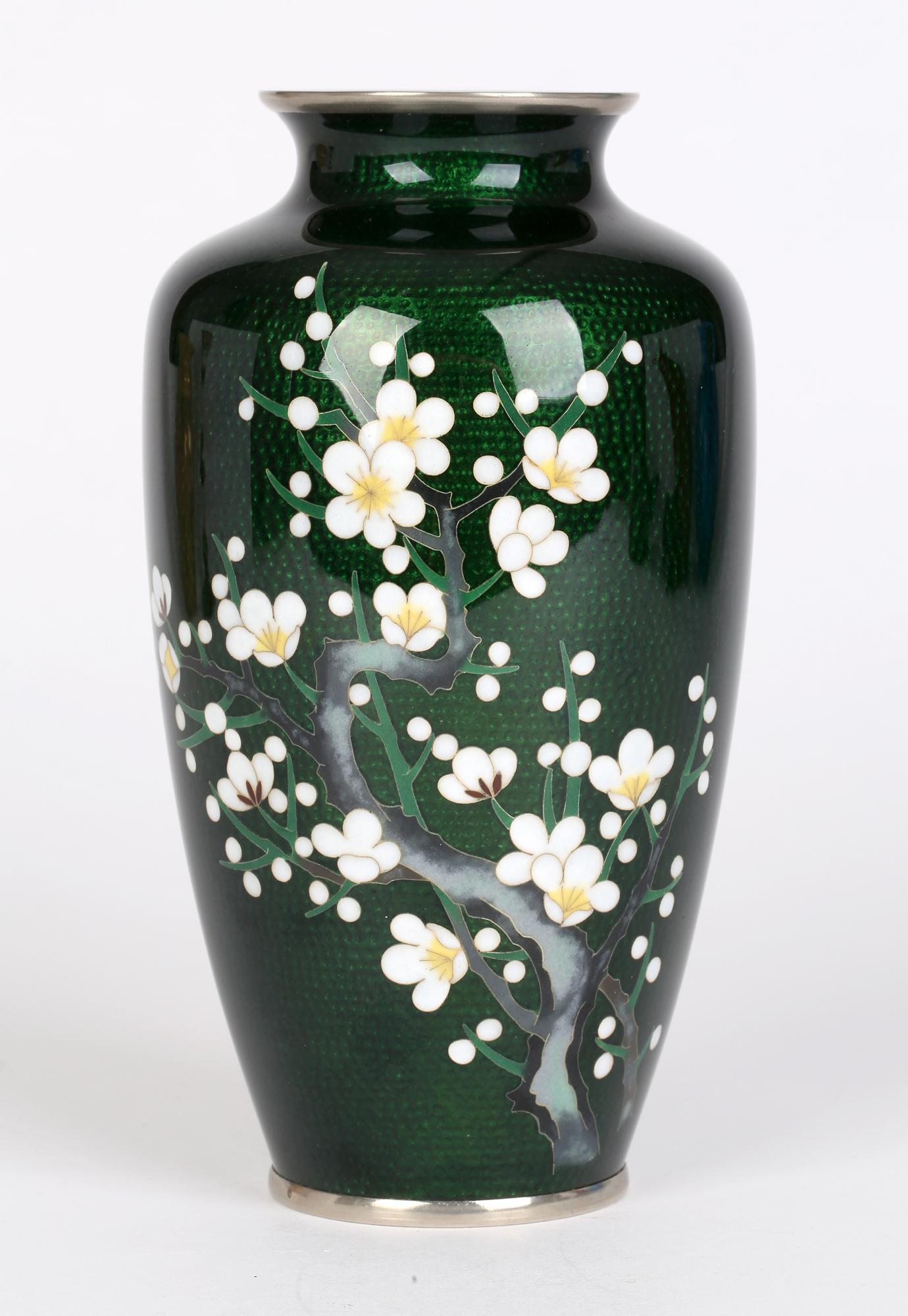 Japanese Mid-Century Silver Cloisonne Flowering Hawthorn Vase 3