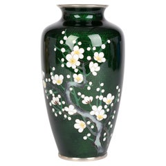 Japanese Mid-Century Silver Cloisonne Flowering Hawthorn Vase