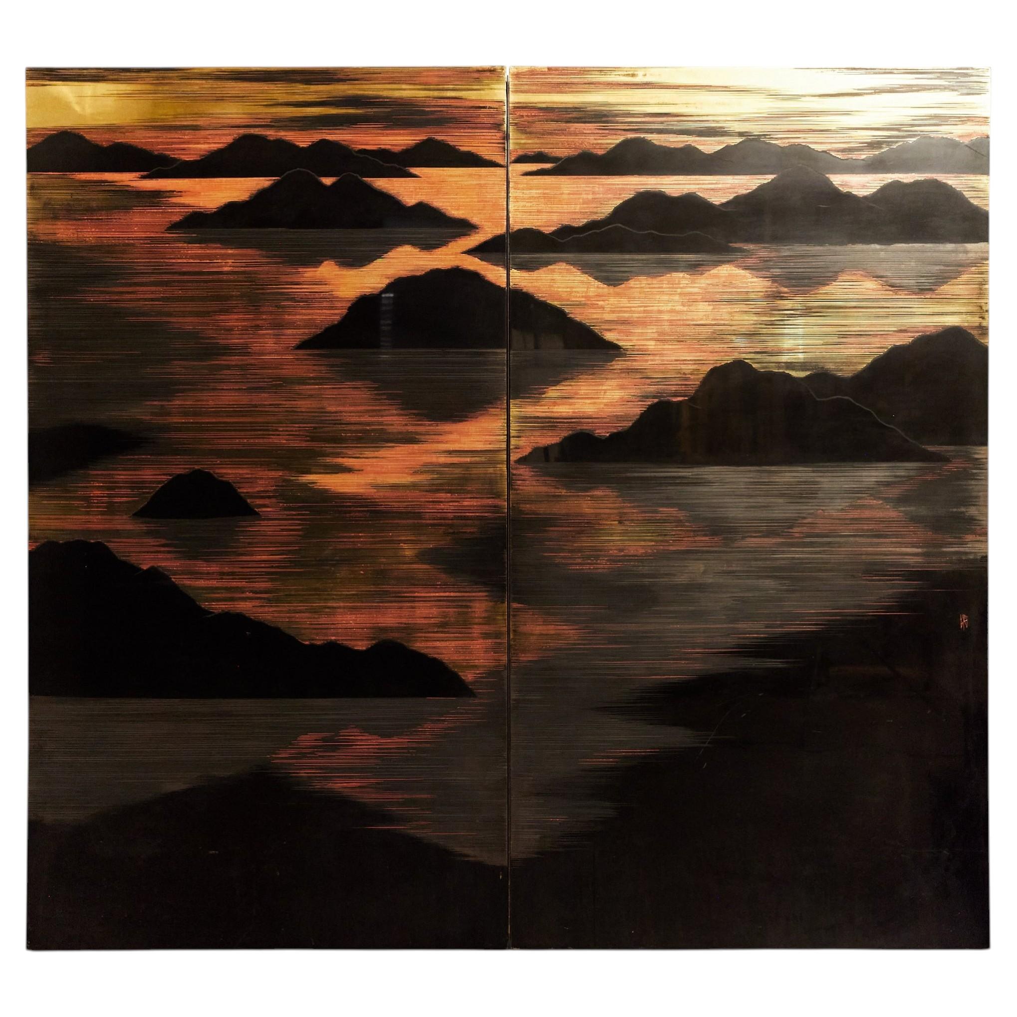 Japanese Mid-Century Two-Panel Lacquer Screen with Mountain Sunrise, c. 1950