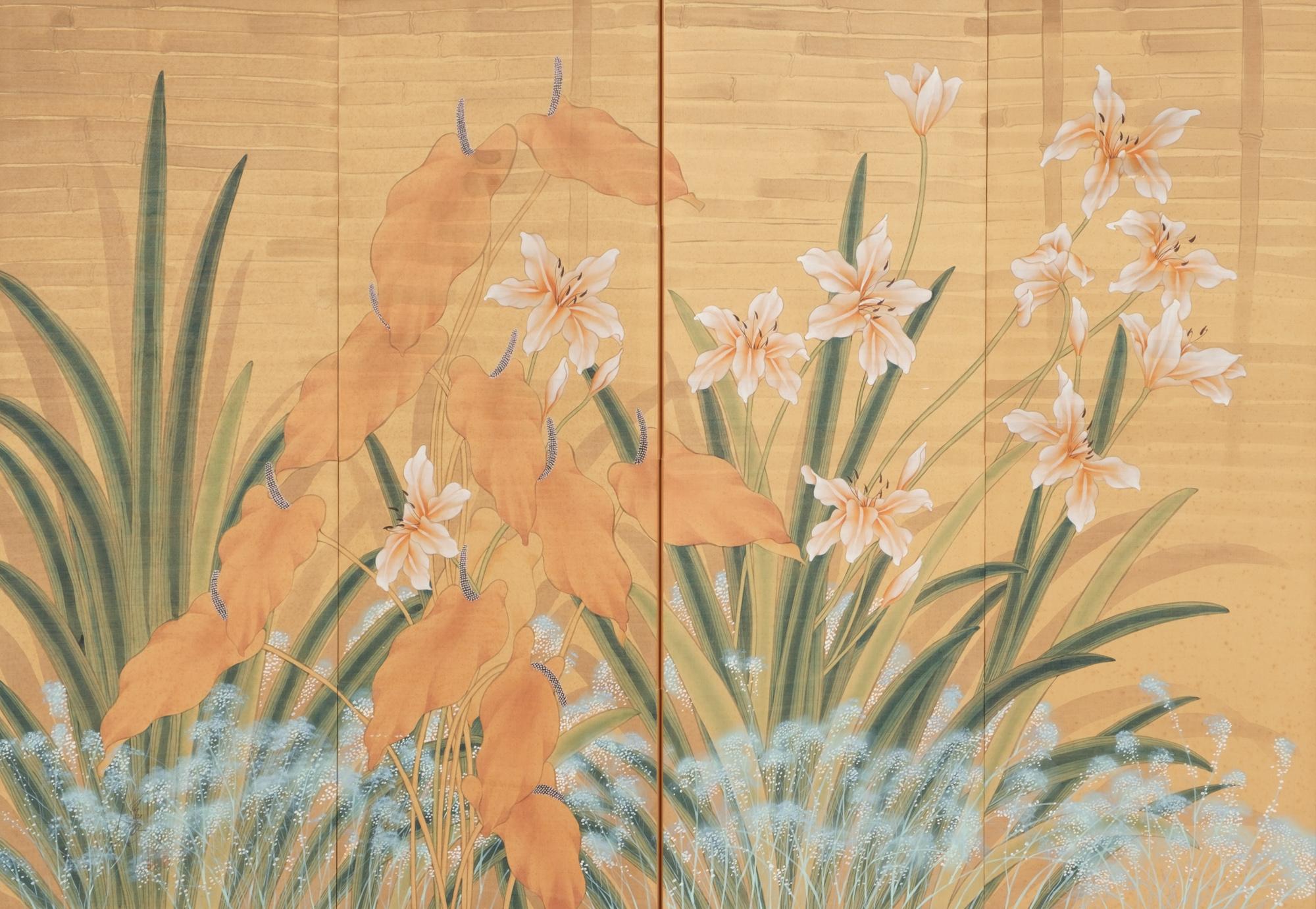 An impressive four-panel byôbu (room divider) with a refined painting of an exotic flower garden in front of a bamboo fence.

The garden is filled with all sorts of rare plants, like a ‘Painter’s Palettes’ (Anthurium andraeanum) with large