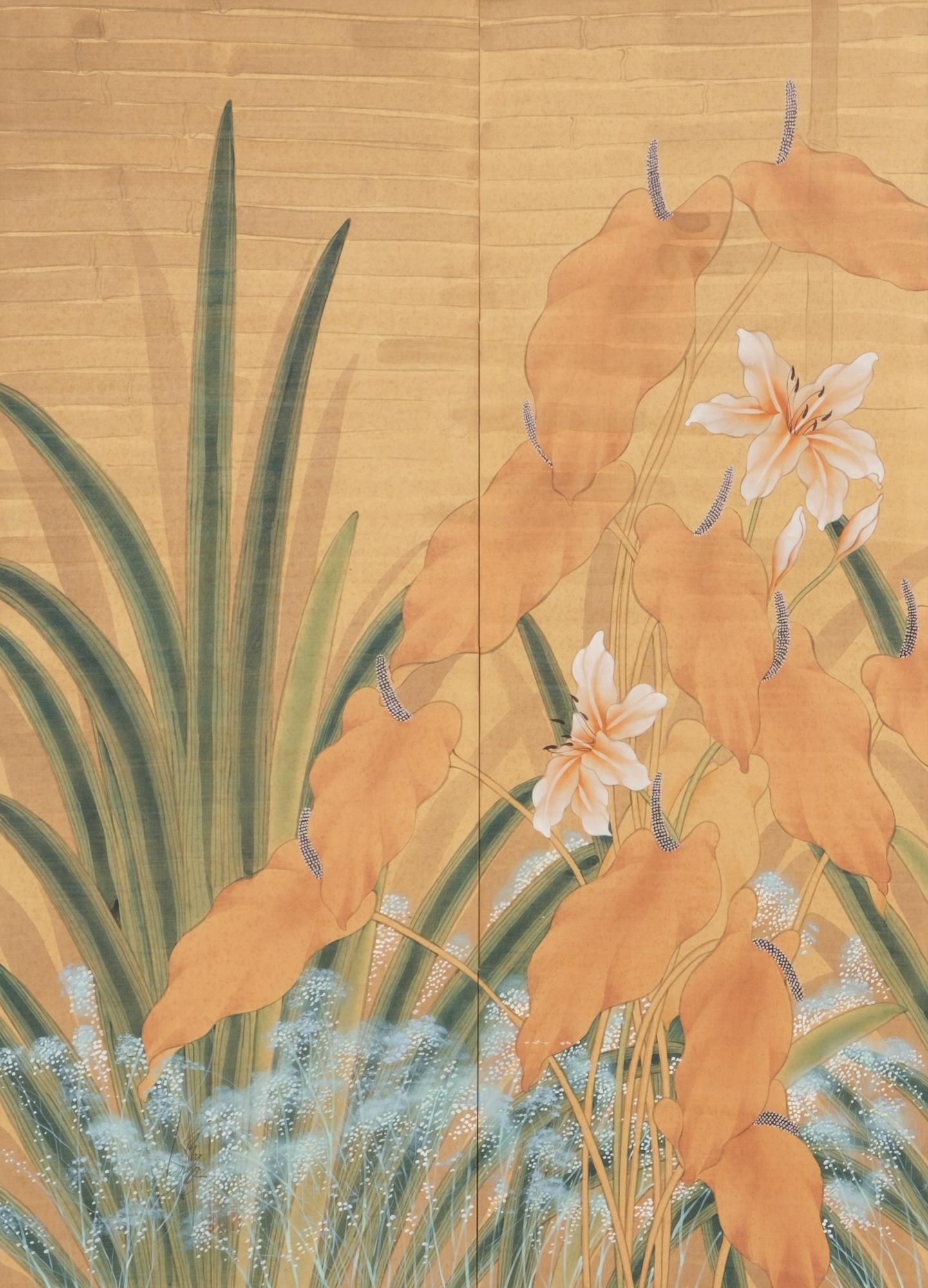 20th Century Japanese Mid-Size 4-Panel Byôbu 屏風 'Room Divider' with an Exotic Flower Garden