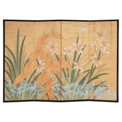 Japanese Mid-Size 4-Panel Byôbu 屏風 'Room Divider' with an Exotic Flower Garden