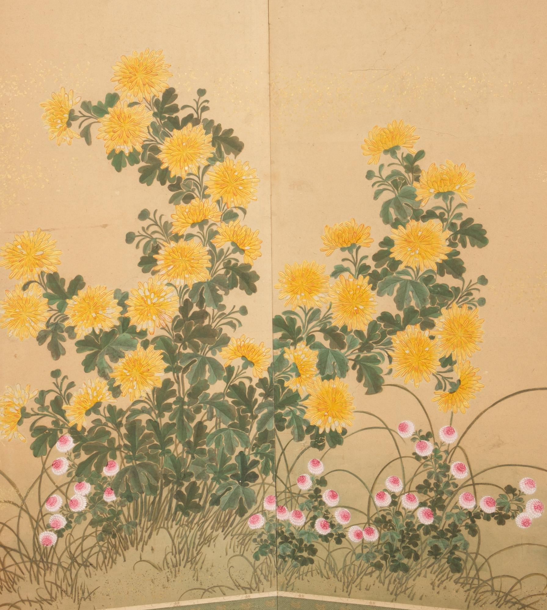 Japanischer 6-Panel Byôbu 屏風 Paravent mit Hühnerfamilie im Blumenfeld in mittlerer Größe im Angebot 7
