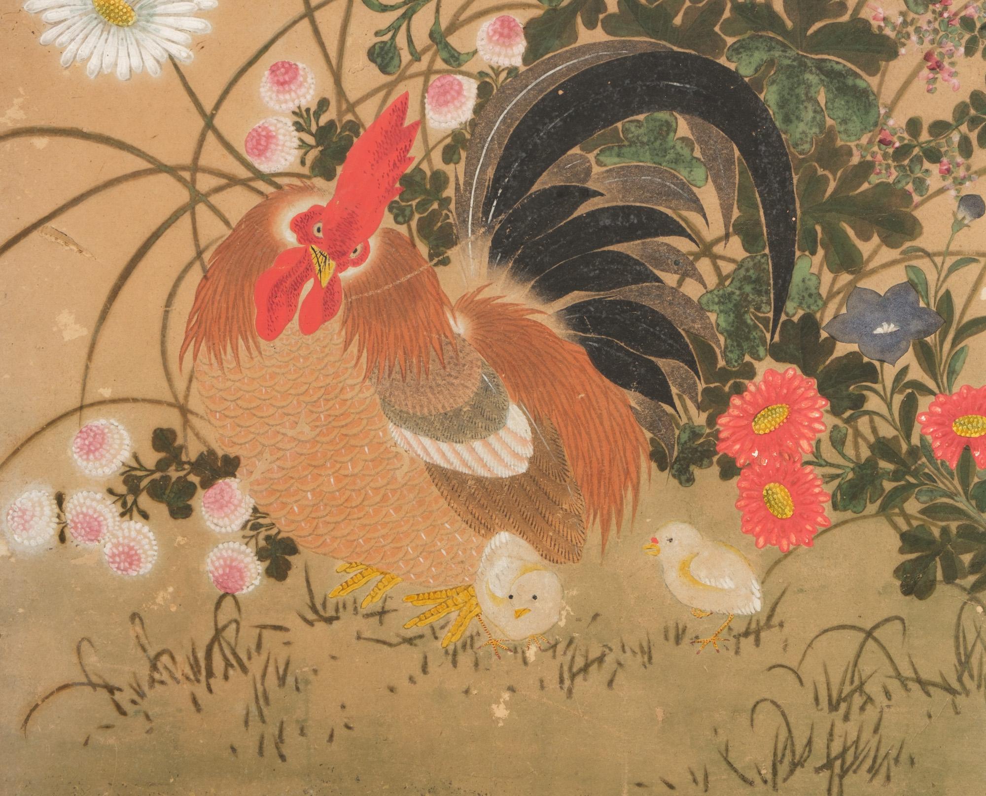 Hand-Painted Japanese Mid-Size 6-Panel Byôbu 屏風 Screen with Chicken Family in a Flower Field For Sale