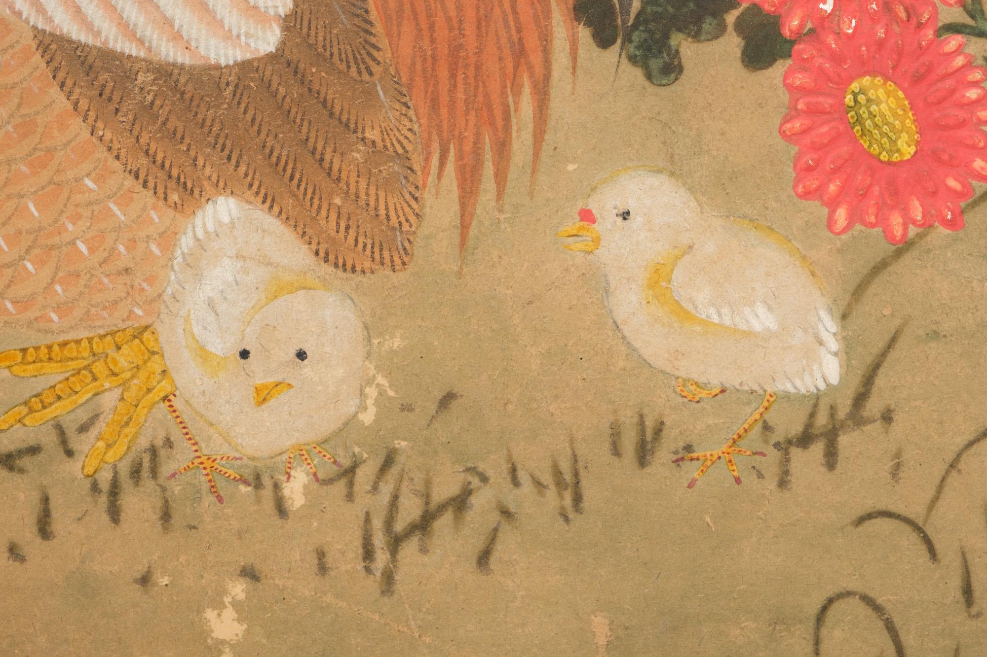20th Century Japanese Mid-Size 6-Panel Byôbu 屏風 Screen with Chicken Family in a Flower Field For Sale