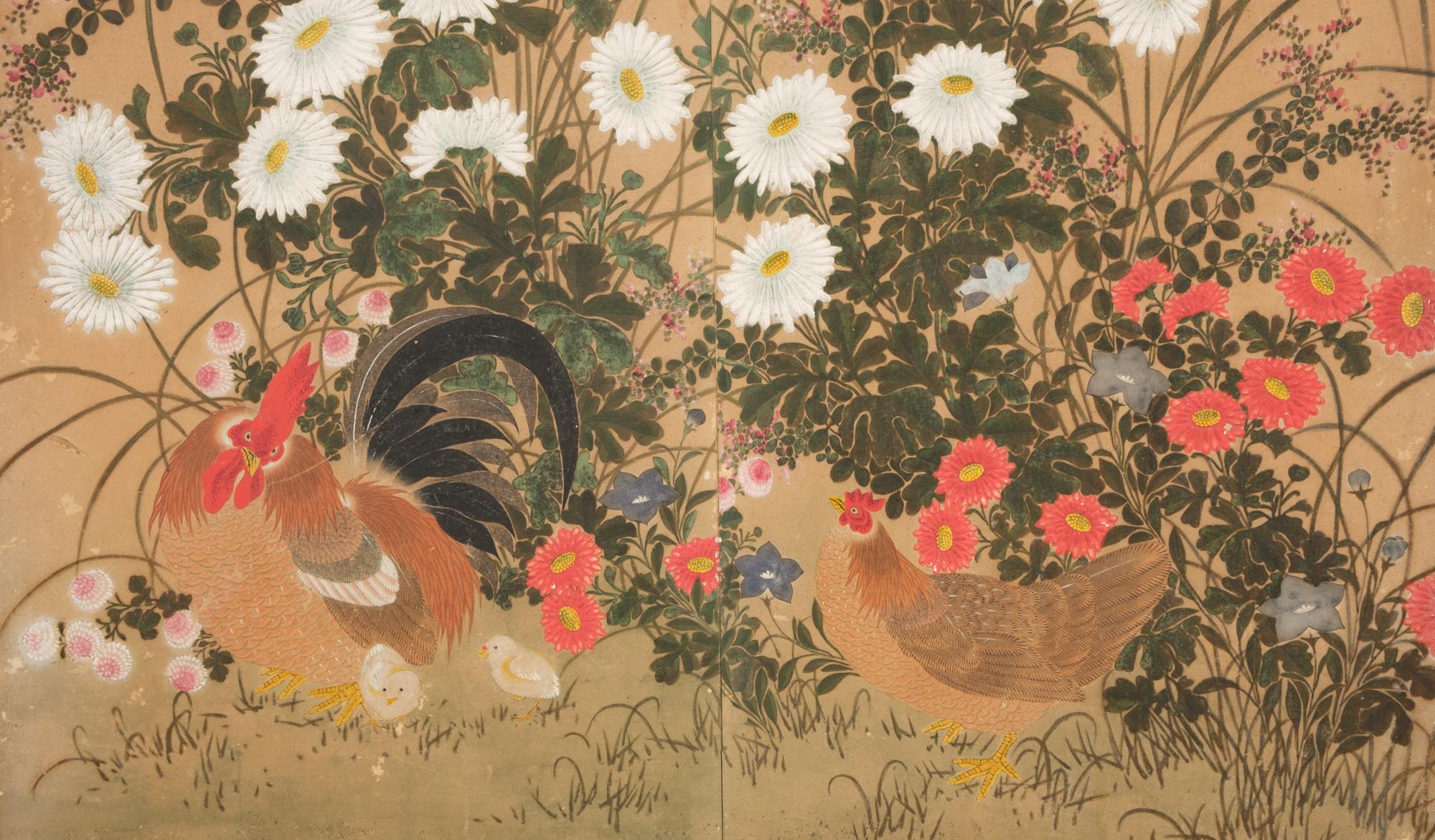 Japanischer 6-Panel Byôbu 屏風 Paravent mit Hühnerfamilie im Blumenfeld in mittlerer Größe im Angebot 1