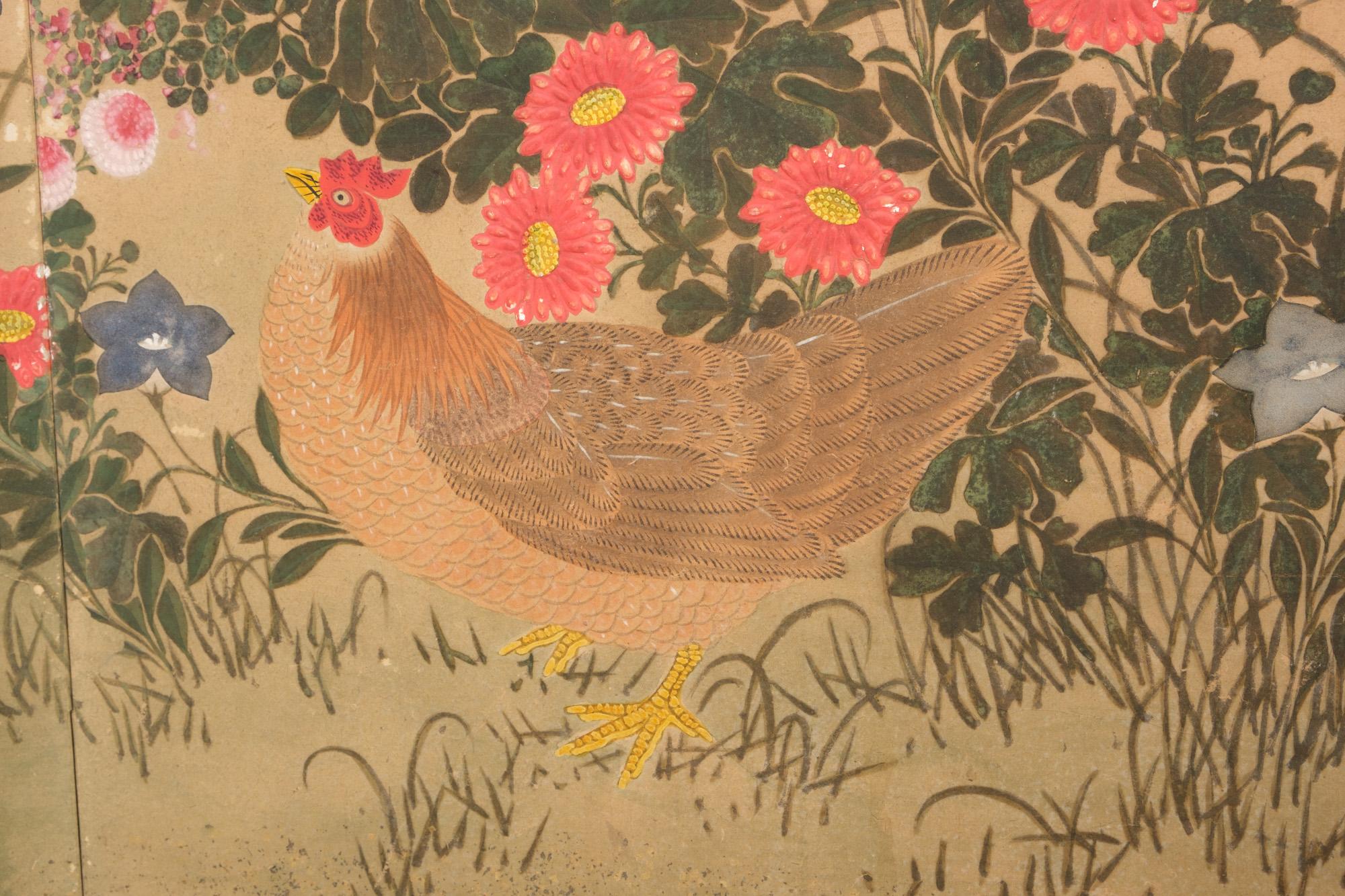 Japanese Mid-Size 6-Panel Byôbu 屏風 Screen with Chicken Family in a Flower Field For Sale 2
