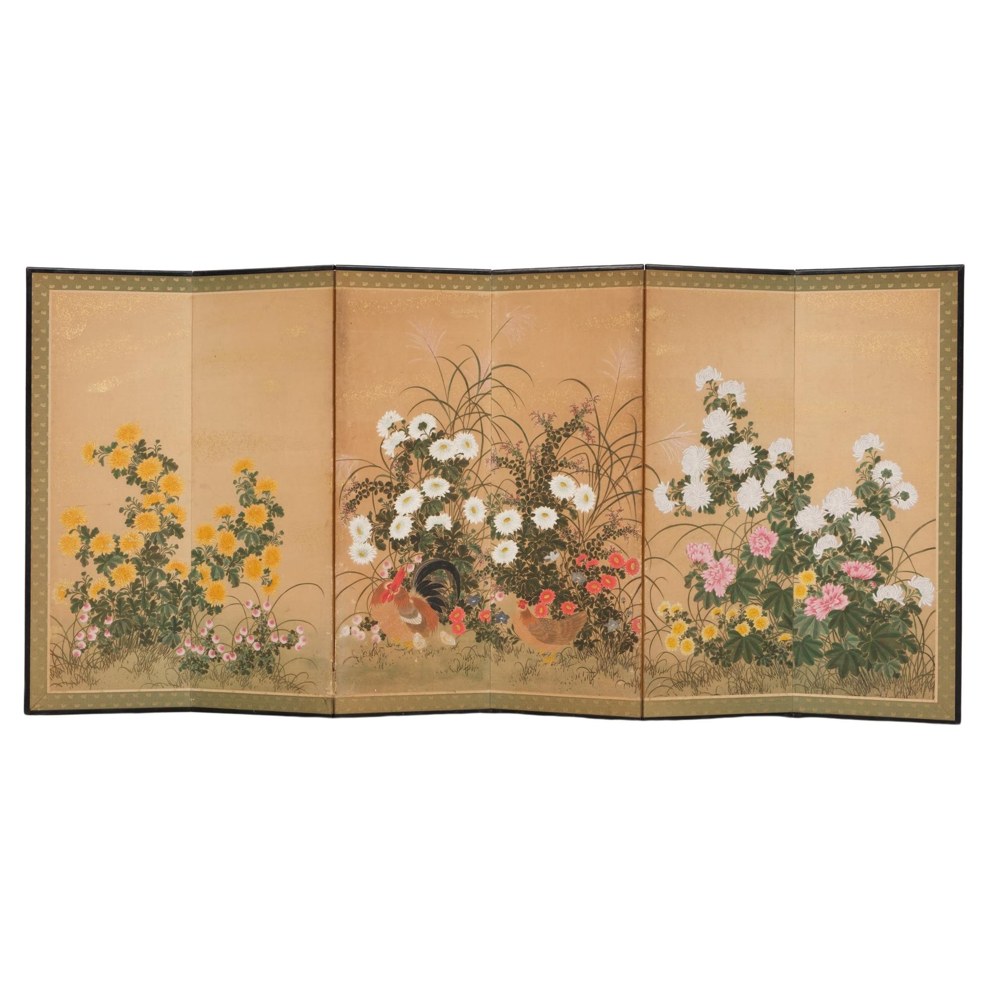 Japanischer 6-Panel Byôbu 屏風 Paravent mit Hühnerfamilie im Blumenfeld in mittlerer Größe