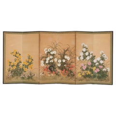 Japanese Mid-Size 6-Panel Byôbu 屏風 Screen with Chicken Family in a Flower Field