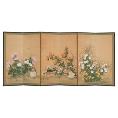 Japanese Mid-Size 6-Panel Byôbu 屏風 Screen with Puppies Playing in a Flower Field