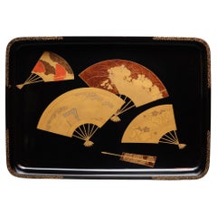 Japanese Mid-Size Lacquer Serving Tray 広蓋 'Hirobuta' with an Open Fan Design