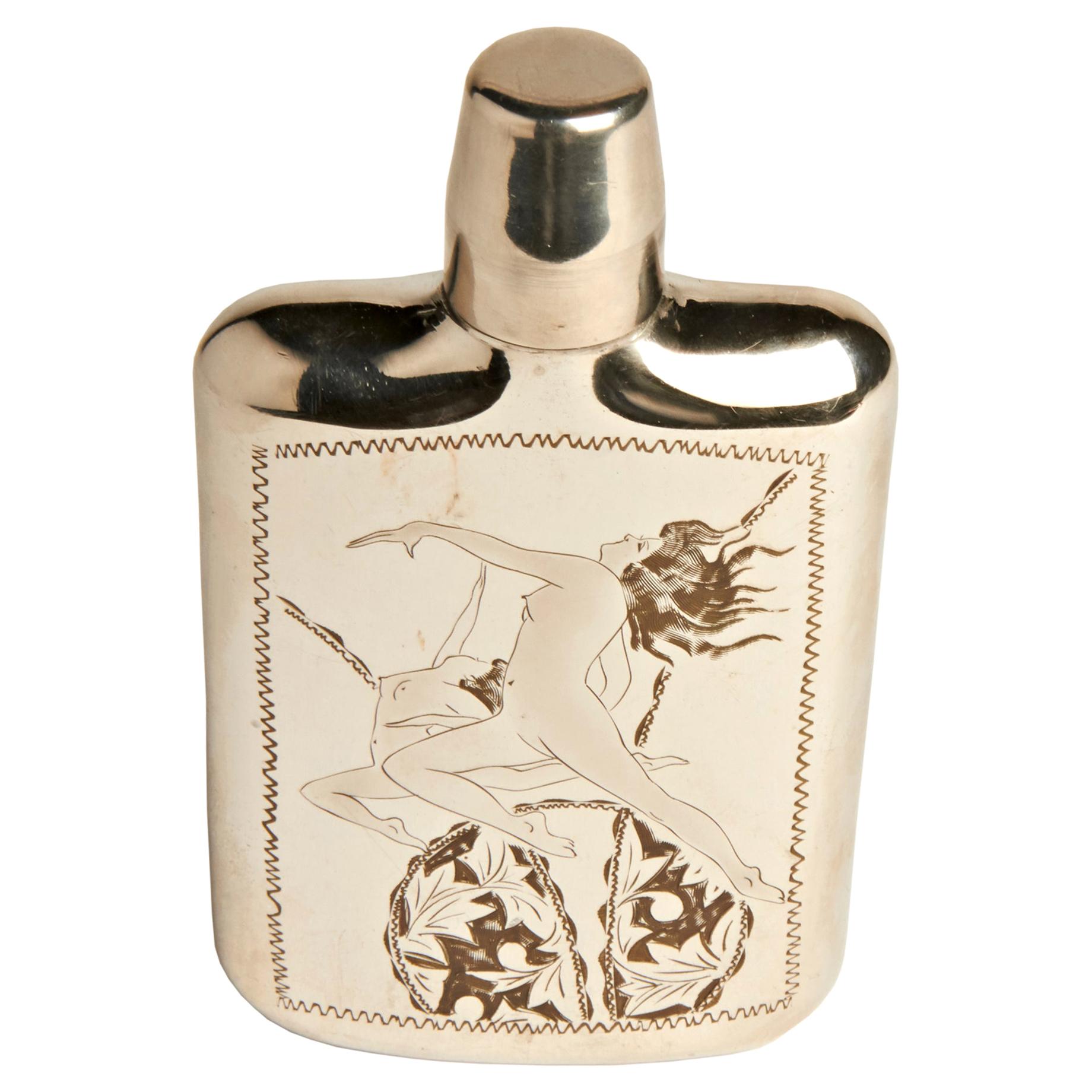 Japanese Midcentury Hand Engraved Chrome Plated Flask with Drinking Cup CAP